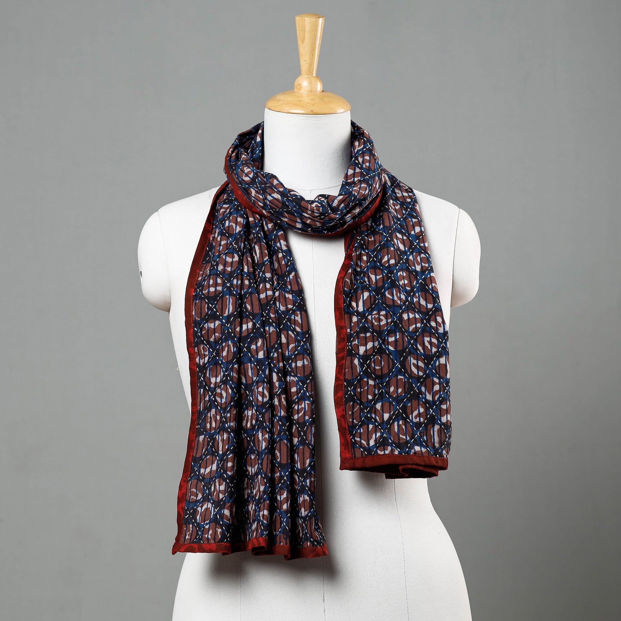 ARTISAN HAND BLOCK PRINTS Blue - Bagru Block Printed Tagai Work Cotton Stole