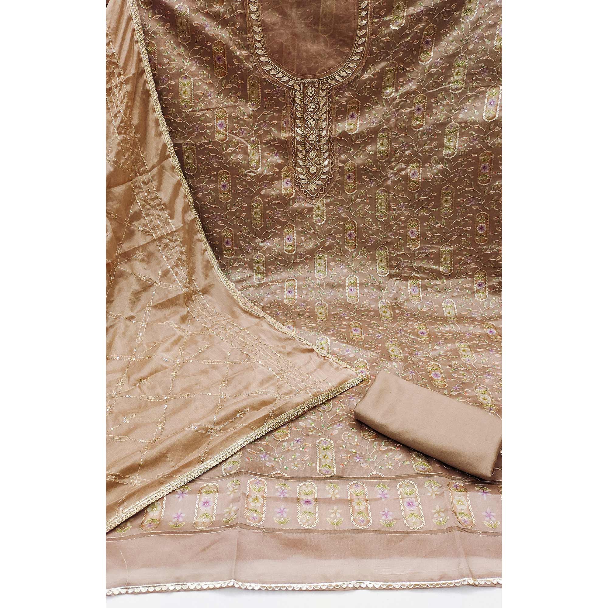 Peachmode Chikoo Floral Sequins Embroidery With Handwork Organza Dress Material - view 4