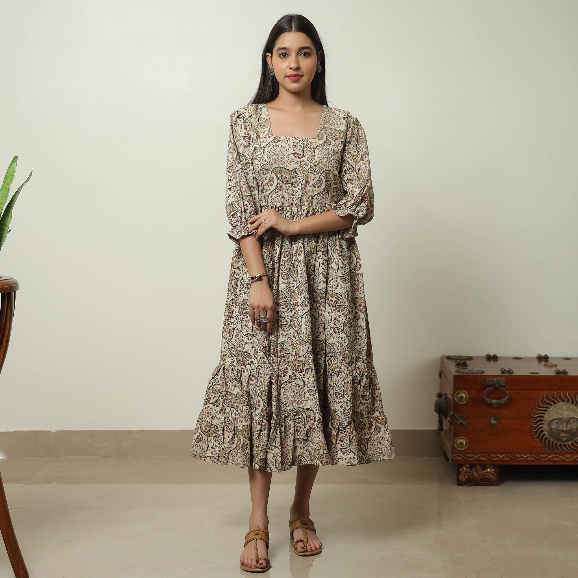 ITOKRI CASUALS Beige - Pedana Kalamkari Block Printed Cotton Tiered Dress 06 - view 3