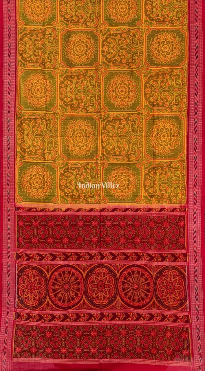 IndianVillèz Mehendi Green Flower Design Sambalpuri Pure Cotton Saree