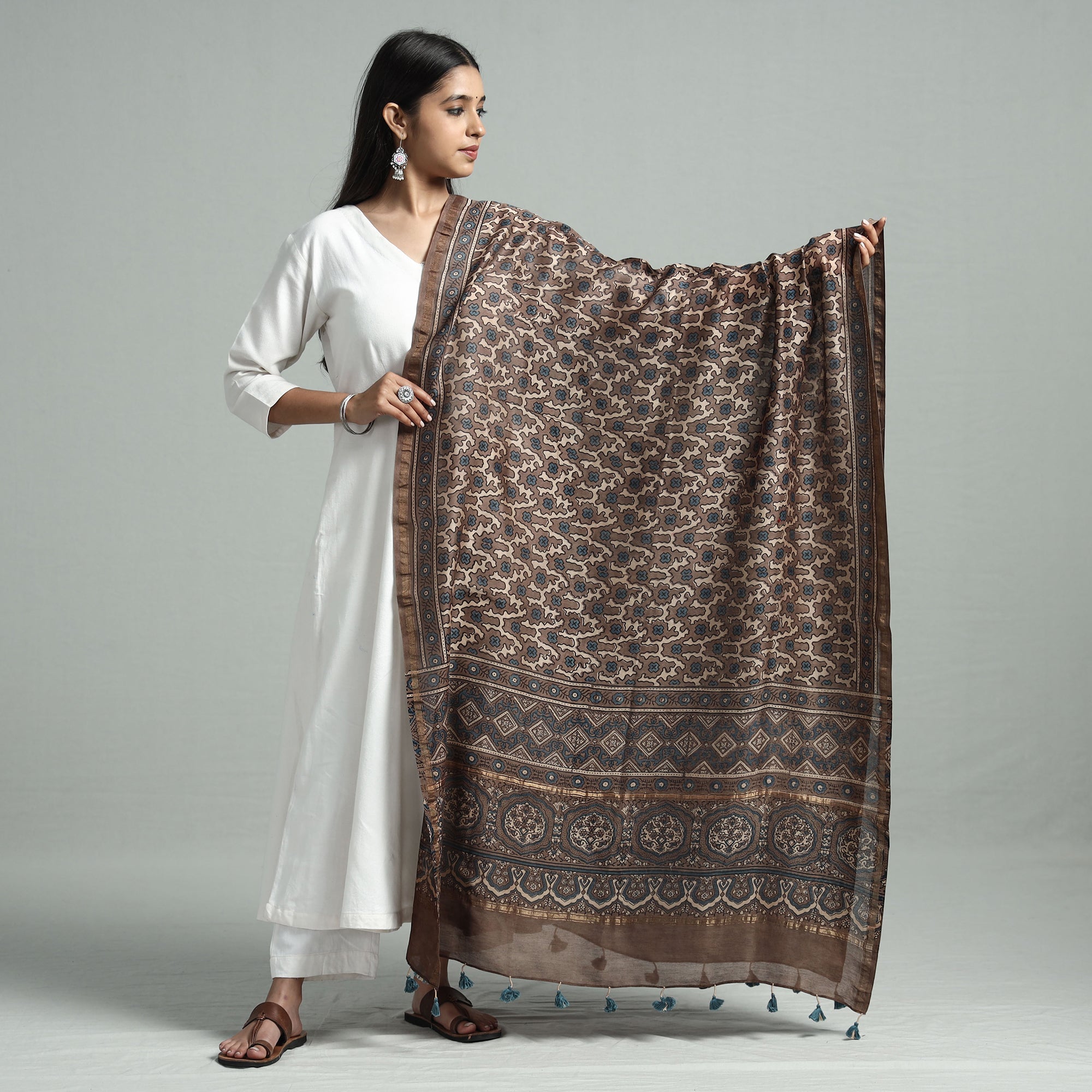 RIYAZ ABDULMAJID KHATRI - AJRAKH Brown - Hand Block Print Chanderi Silk Ajrakh Dupatta