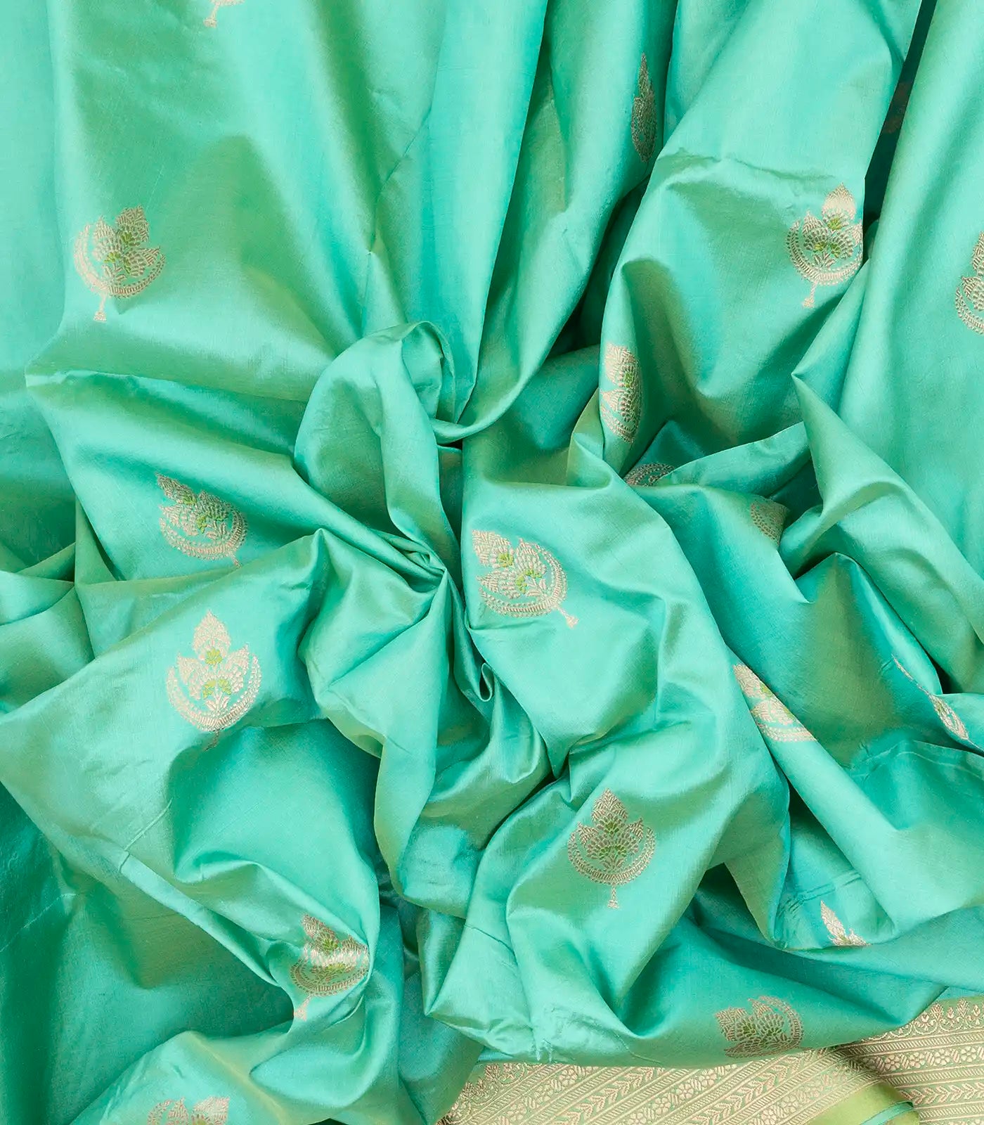 RmKV Turquoise Handloom Banarasi Silk Saree With Floral Buttas - view 3