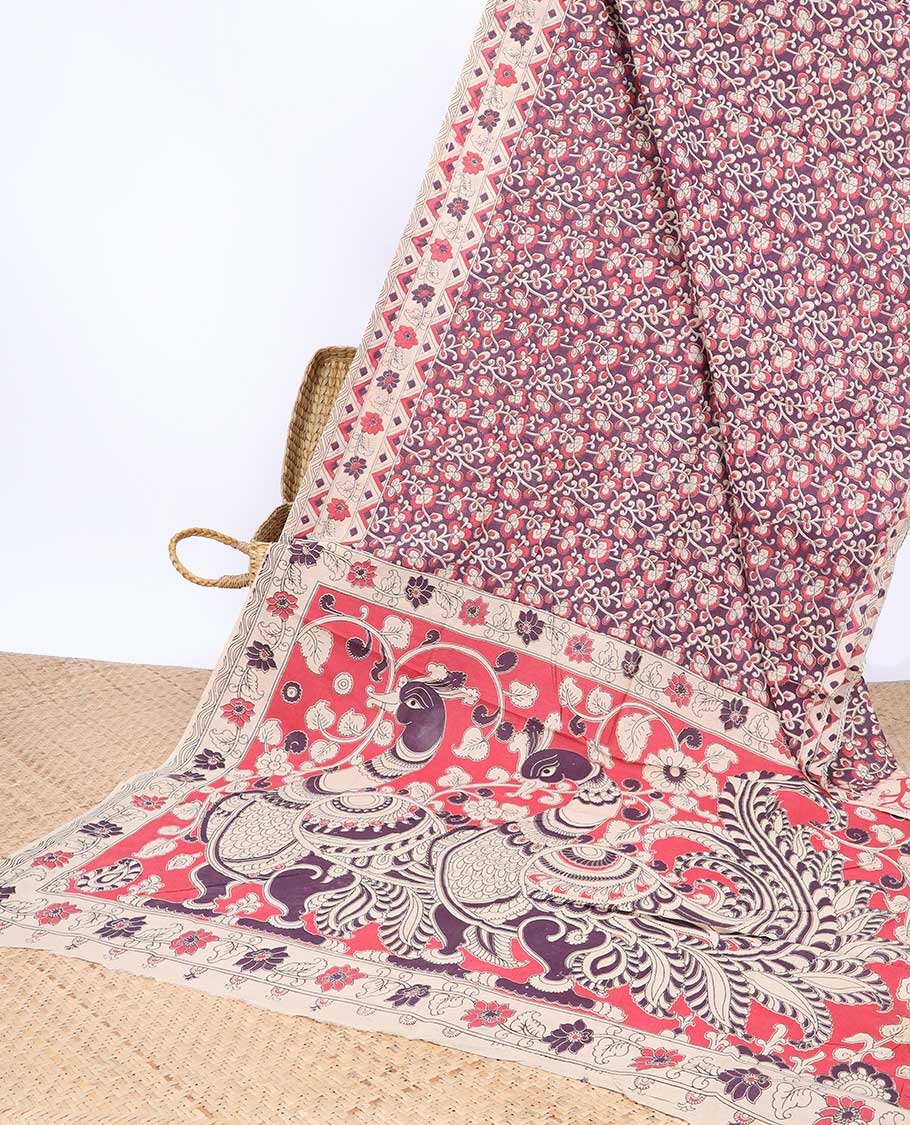 Pothys Purple floral machine-printed kalamkari cotton saree, contrast floral & geometric border & peacock pallu