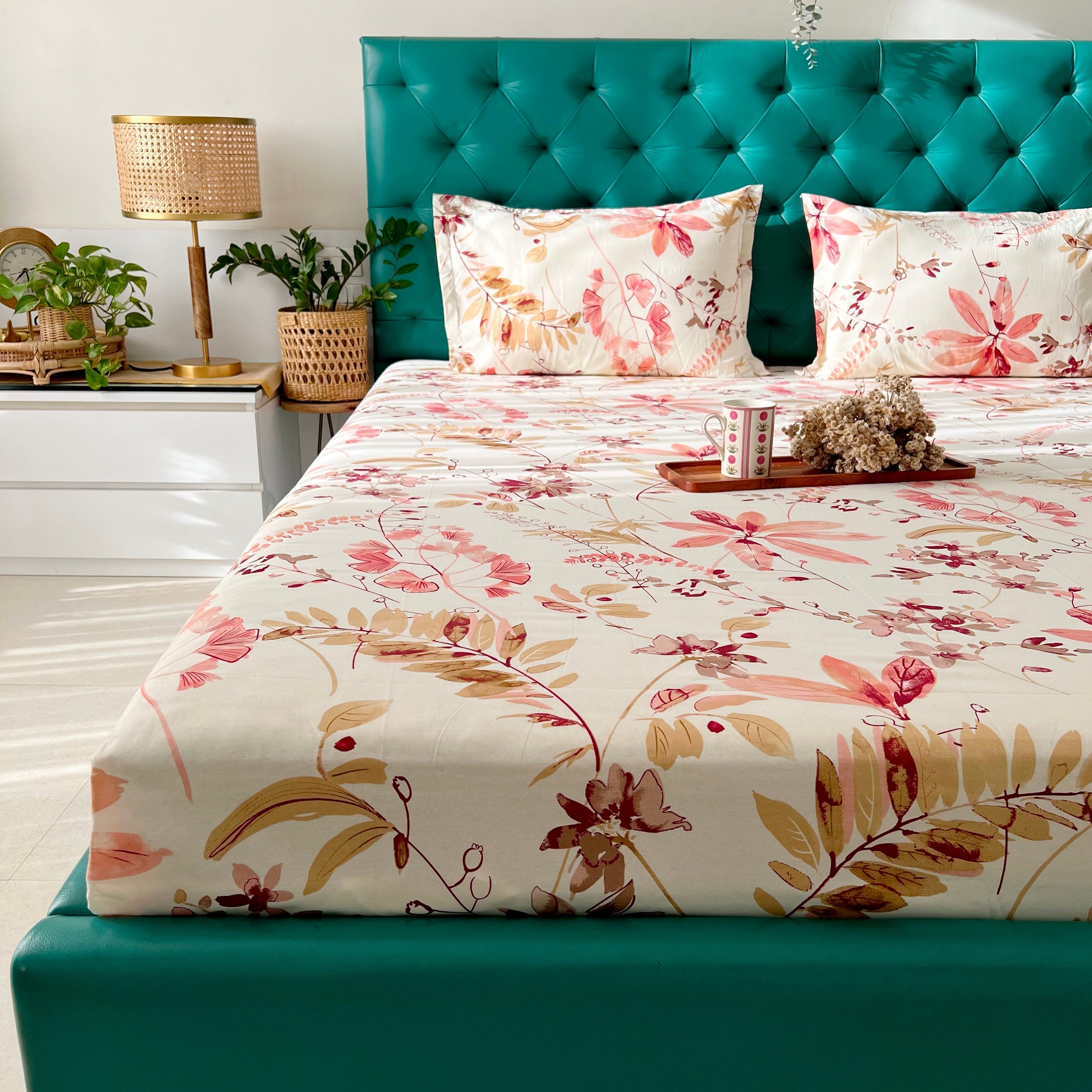 Urban Space -Home Furnishing Store Serene 200 TC 100% Cotton Single Printed Bedsheet with Pillow Covers - Floral Feast Peach