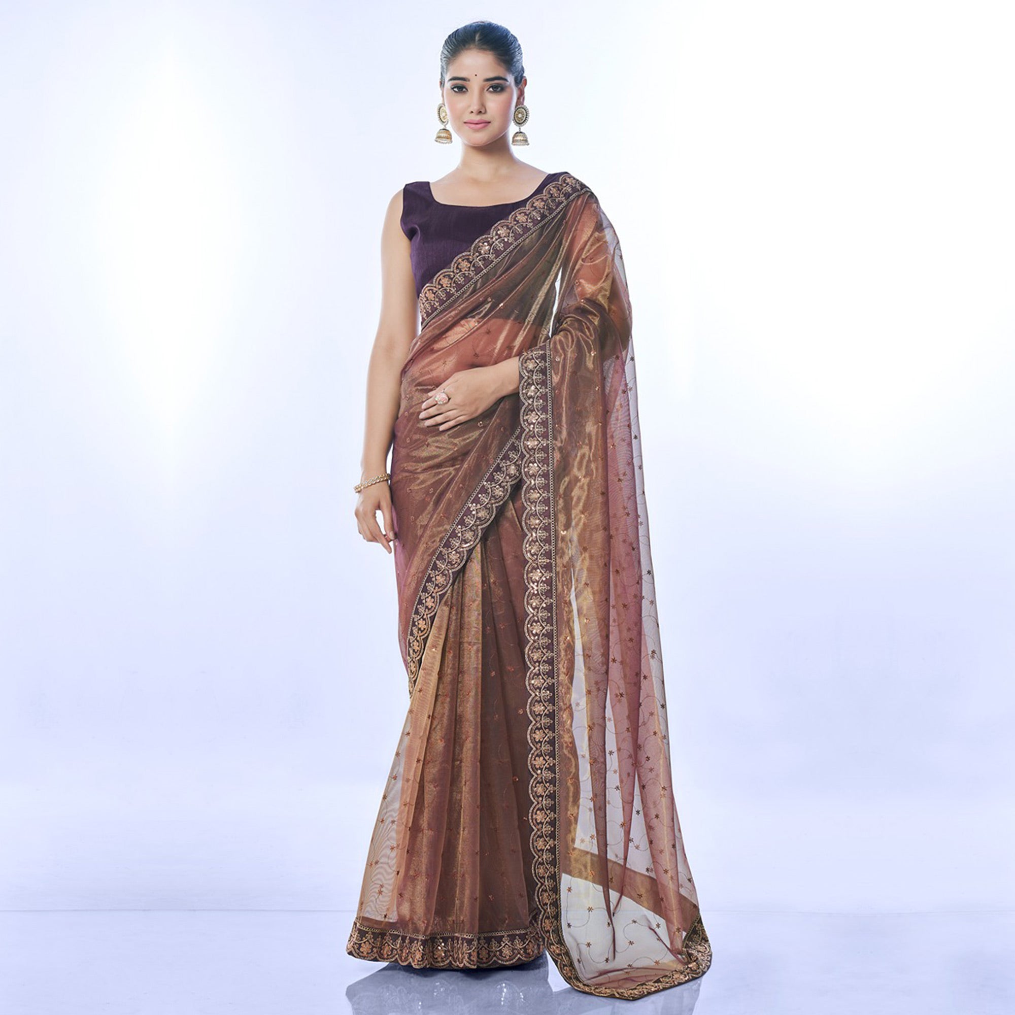 Peachmode Brown Sequins Embroidered Net Saree - view 2