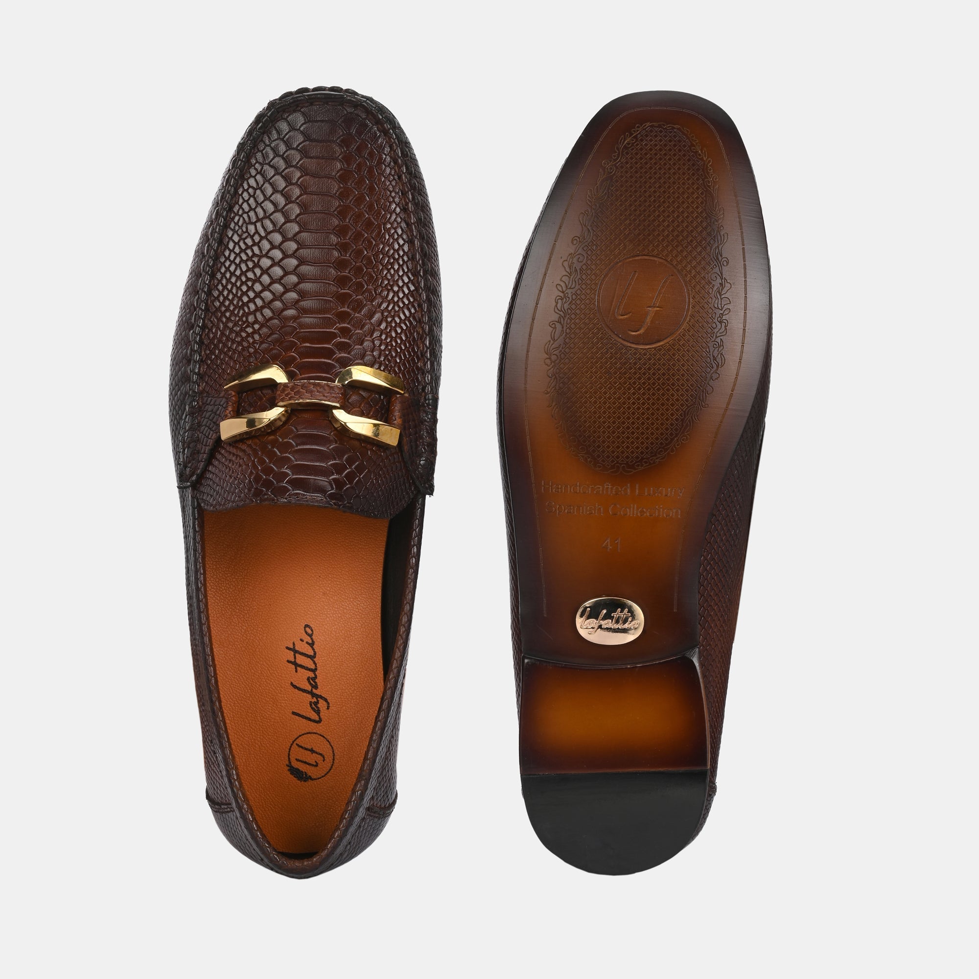 Tan Imprinted Buckled Loafers by Lafattio - view 5