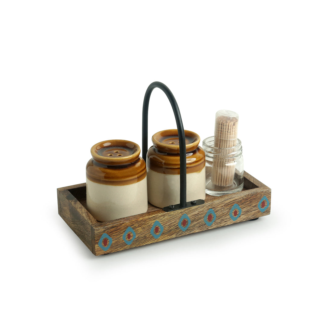 EXCLUSIVELANE 'Old Fashioned Martaban' Salt & Pepper Shaker Set With Toothpick Holder & Tray (110 ML) - view 2