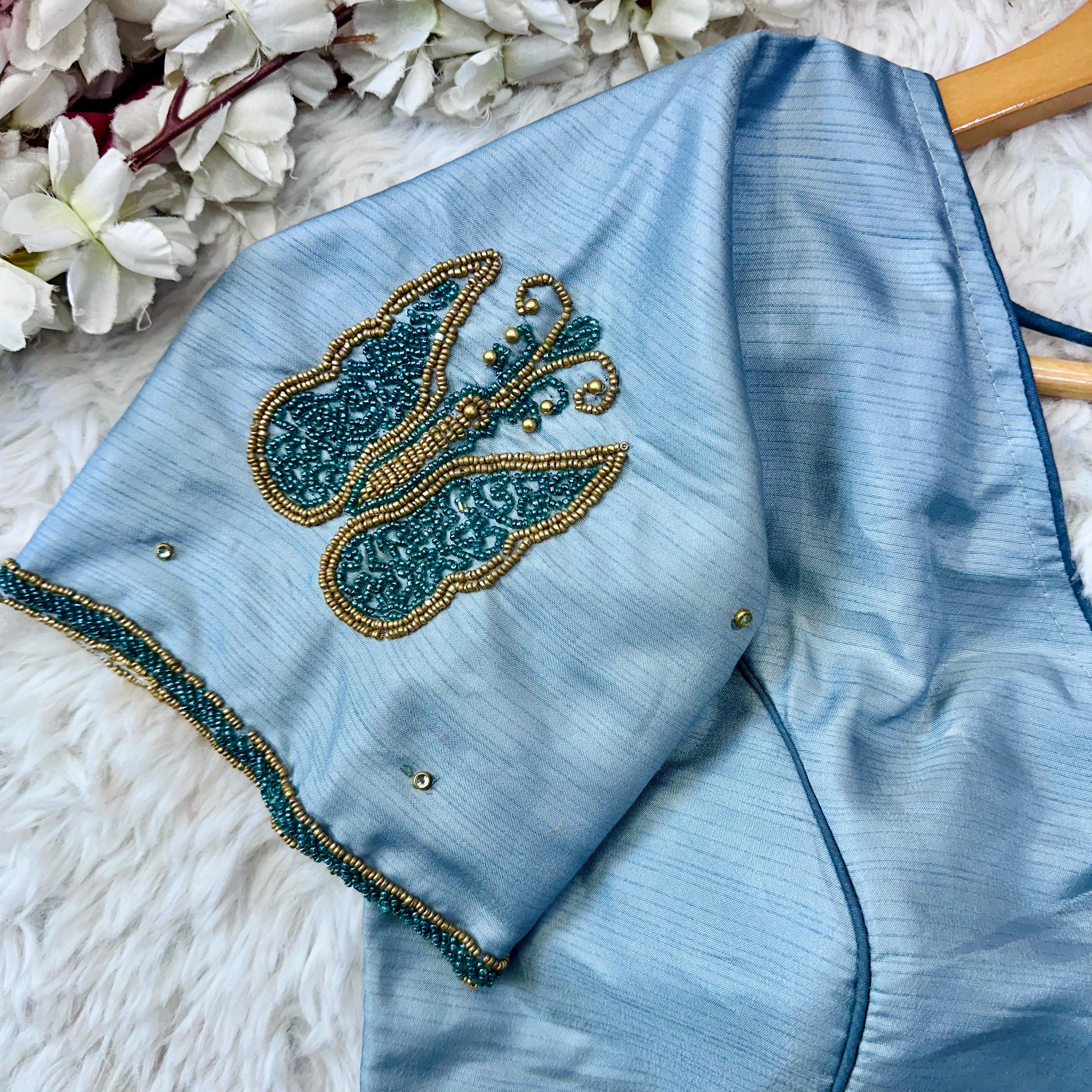 ClothsVilla Sky Blue Handcrafted Wedding Blouse Collection in Mayo Silk - view 3