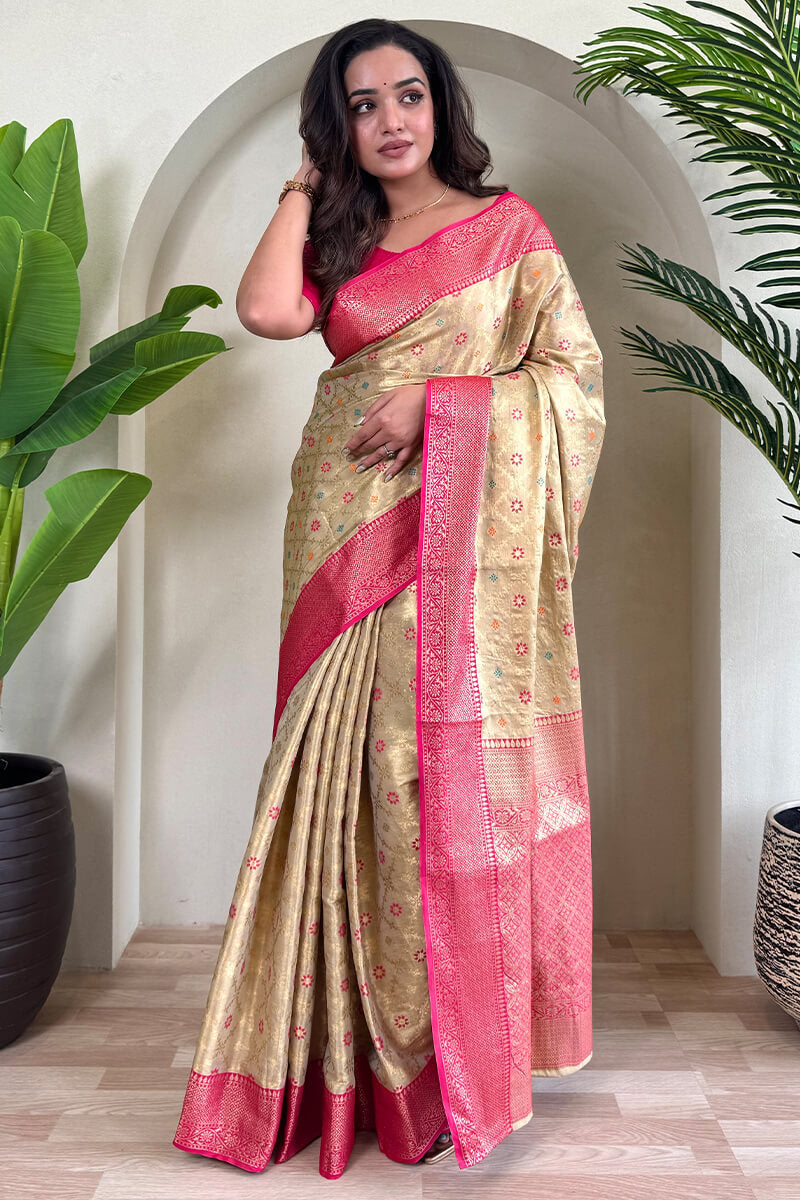 Tasrika Ebullience Beige Soft Banarasi Tissue Silk Saree With Murmurous Blouse Piece