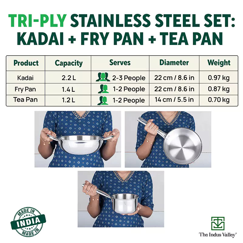 The Indus Valley TurboCuk Tri-ply Stainless Steel Cookware Set: 2.2L Kadai+ 1.4L Frypan+ 1.2L Tea/Milk pan, Premium Quality, 3 Layer Thick Body, 100% - view 2