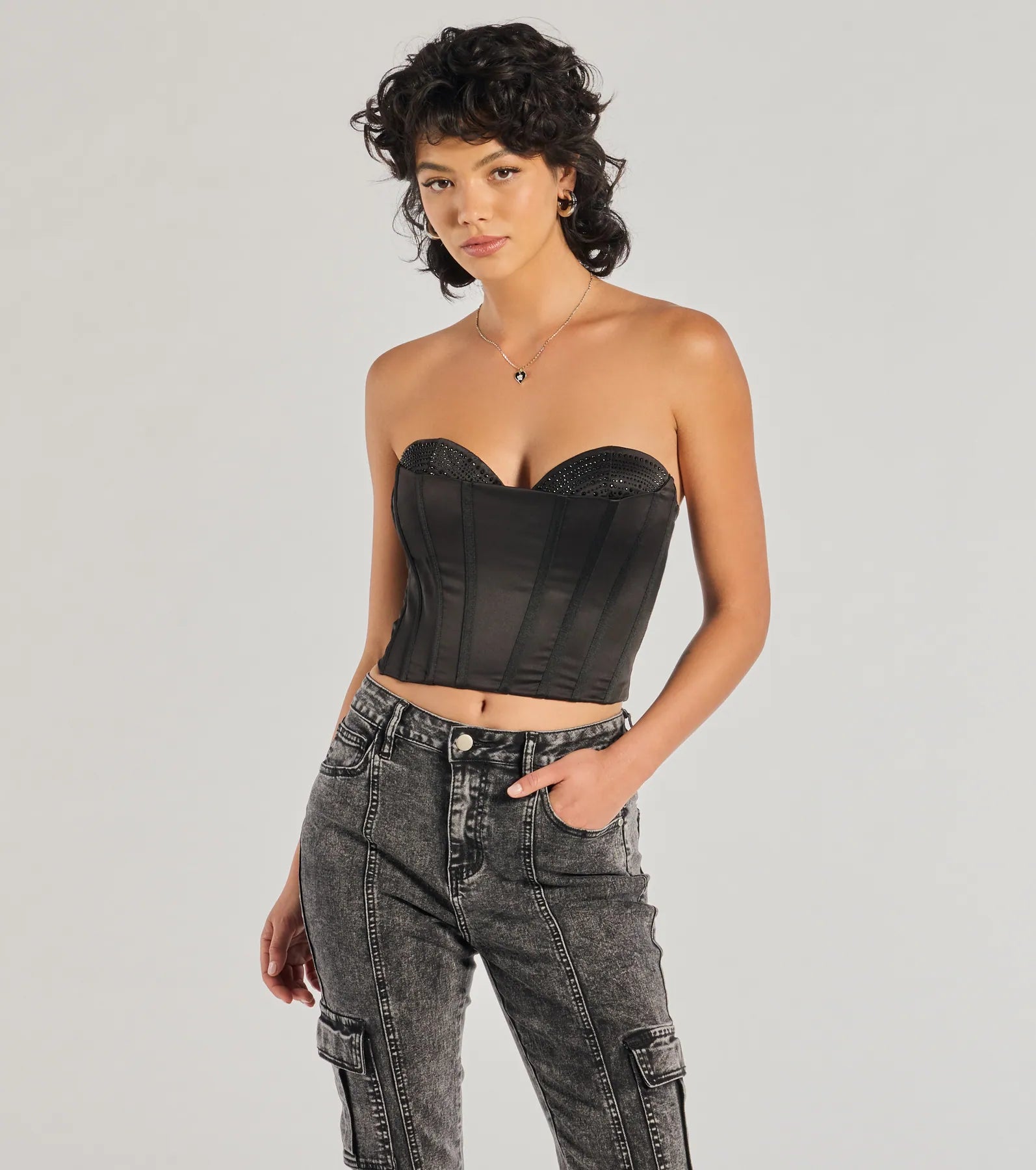 Windsor Glam Alert Satin And Rhinestone Corset Top