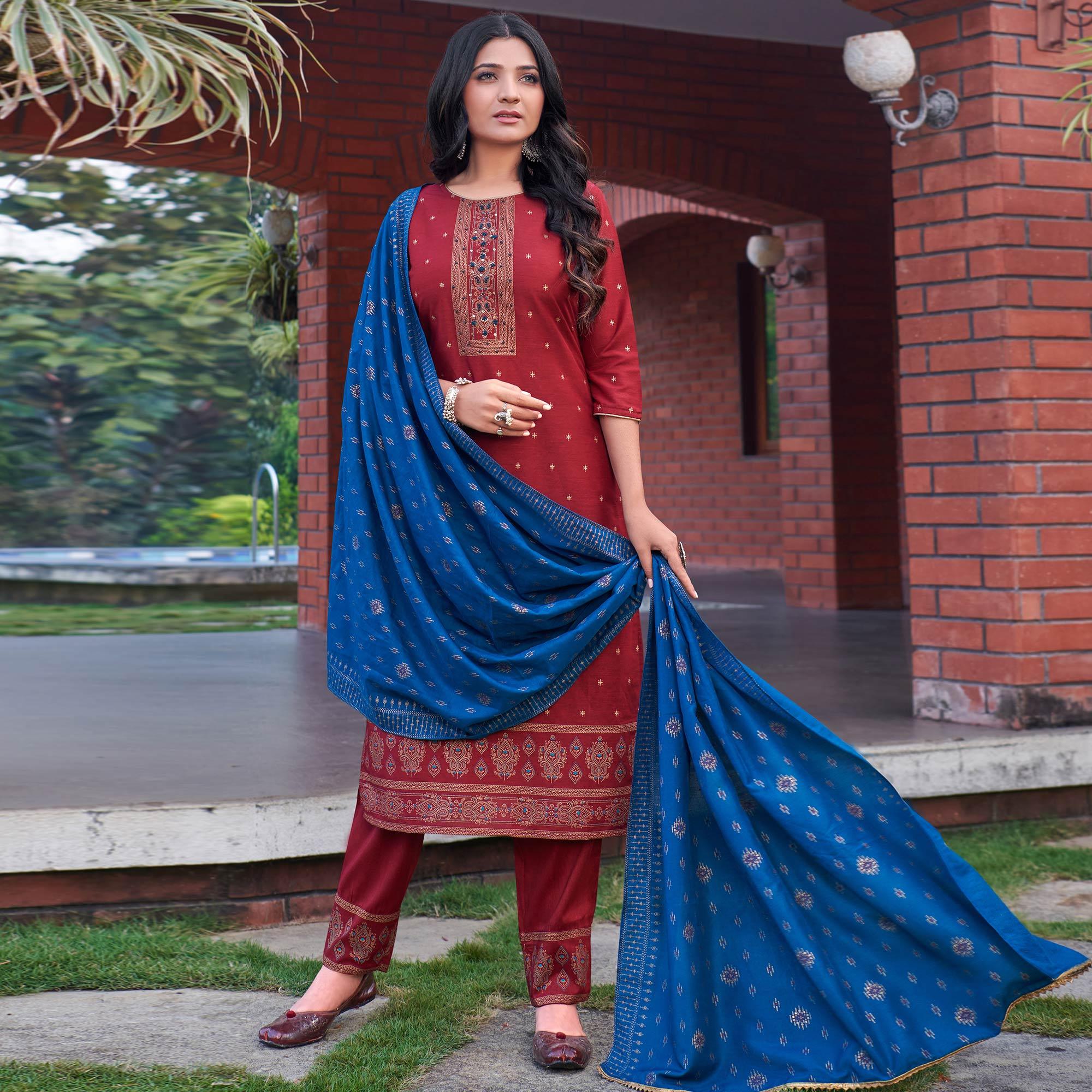 Peachmode Maroon Foil Printed With Embroidered Rayon Kurti Pant Set With Dupatta