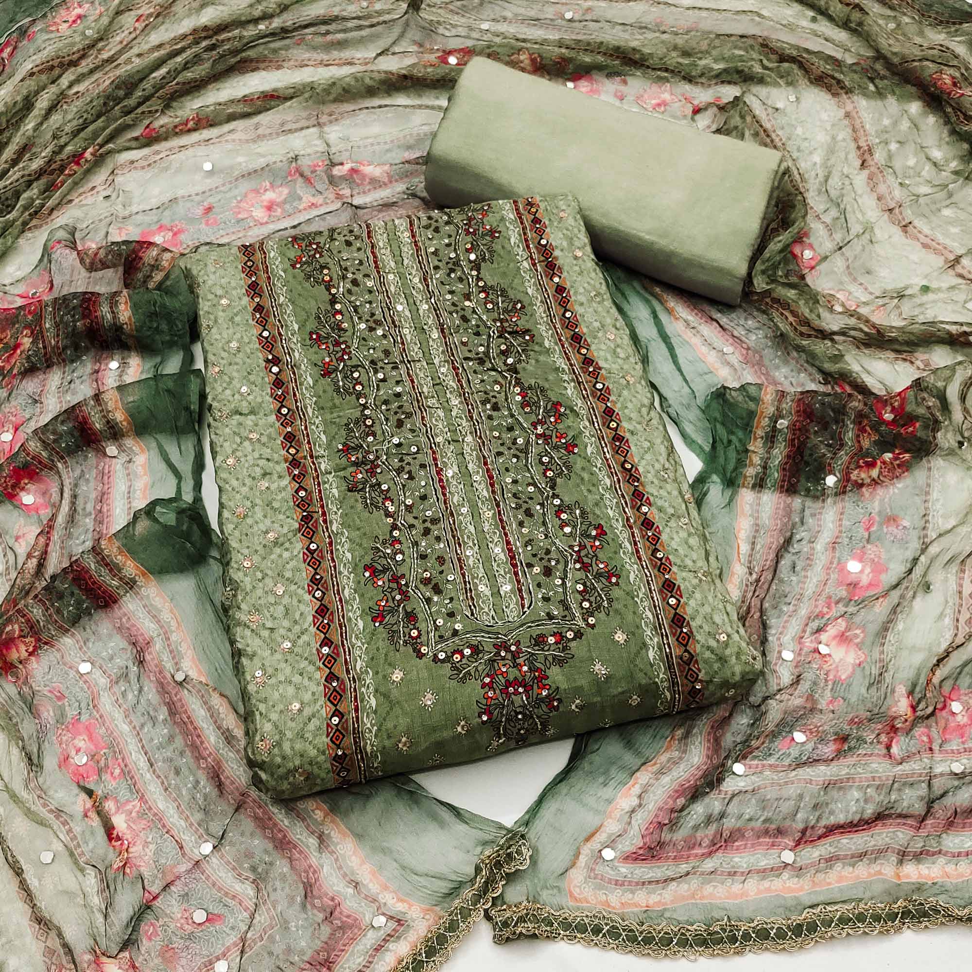 Green dress materials (unstitched) – BlackTree green-embroidered-with-printed-work-crepe-dress-material