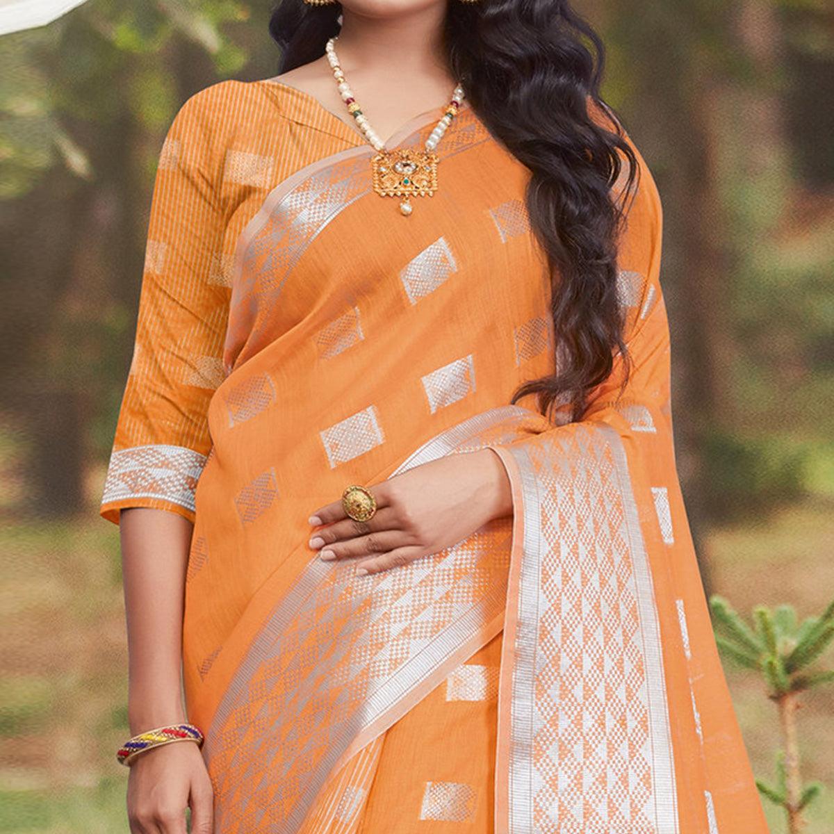 Peachmode Hypnotic Orange Coloured Partywear Woven Linen Cotton Saree - view 2
