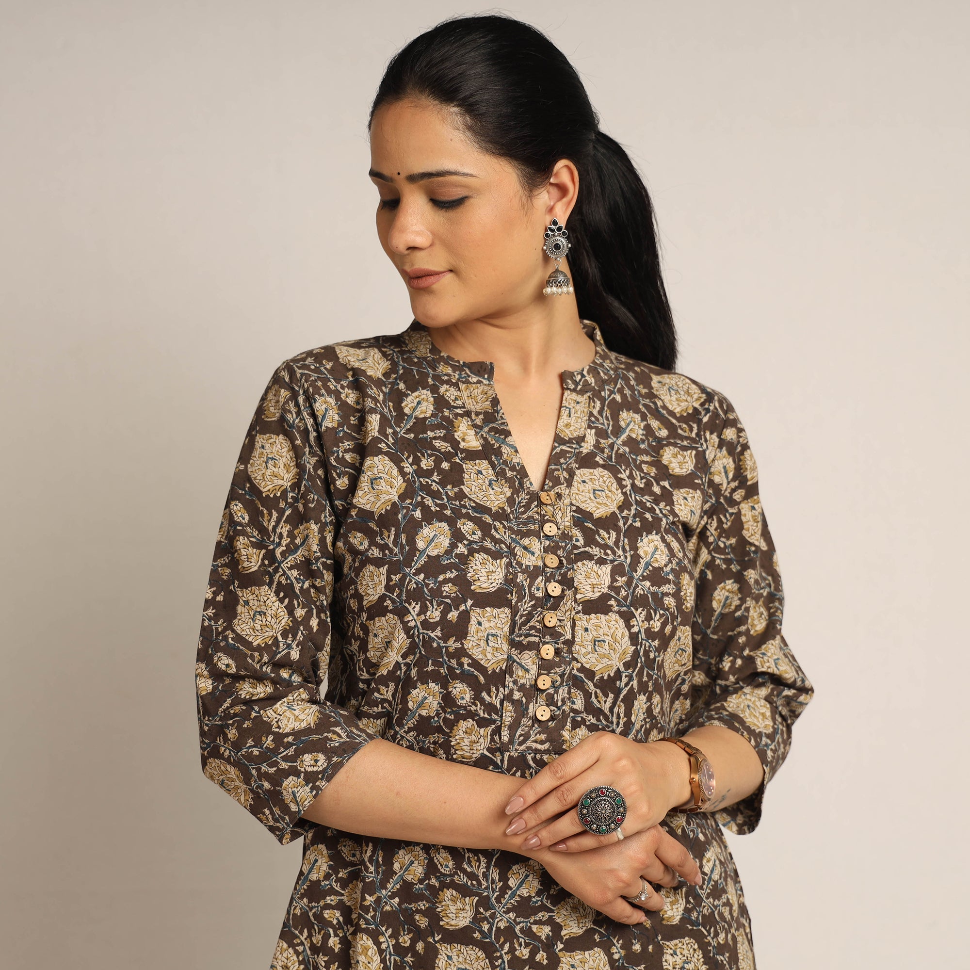 ITOKRI CASUALS Brown - Pedana Kalamkari Block Printed Cotton Kurta with Palazzo Set - view 3