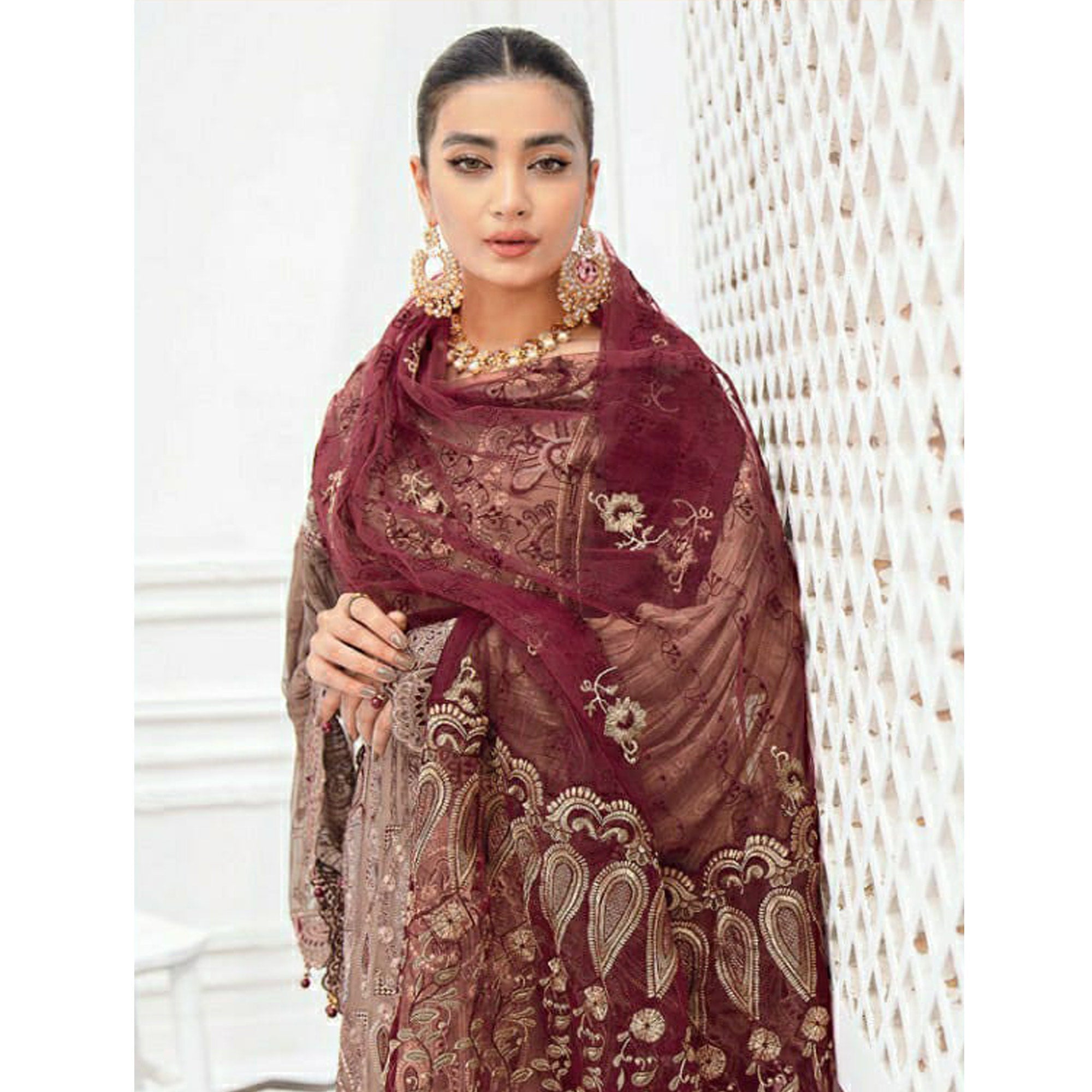 Peachmode Brown Floral Embroidered Georgette Pakistani Suit - view 4