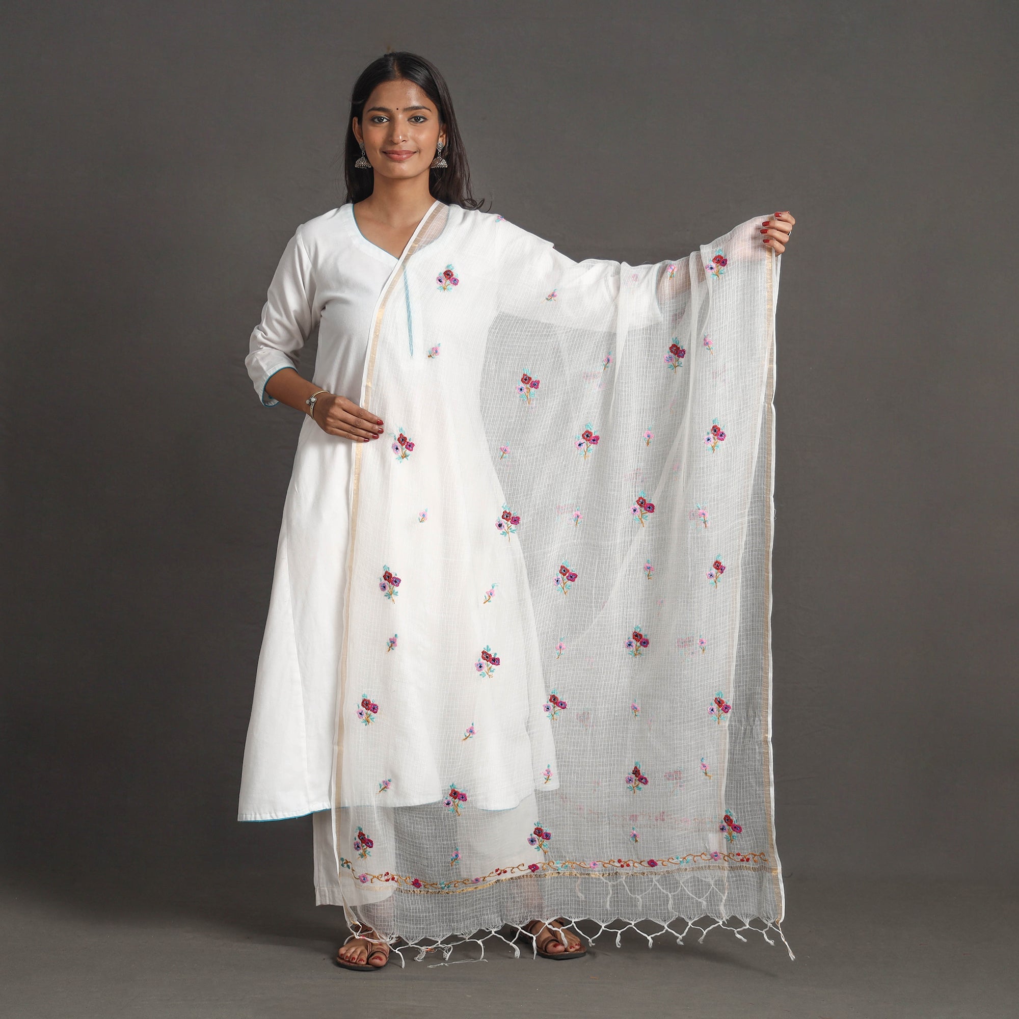 ITOKRI CRAFTS INITIATIVE Kota Doria Silk Cotton Kashida Embroidery Dupatta 63