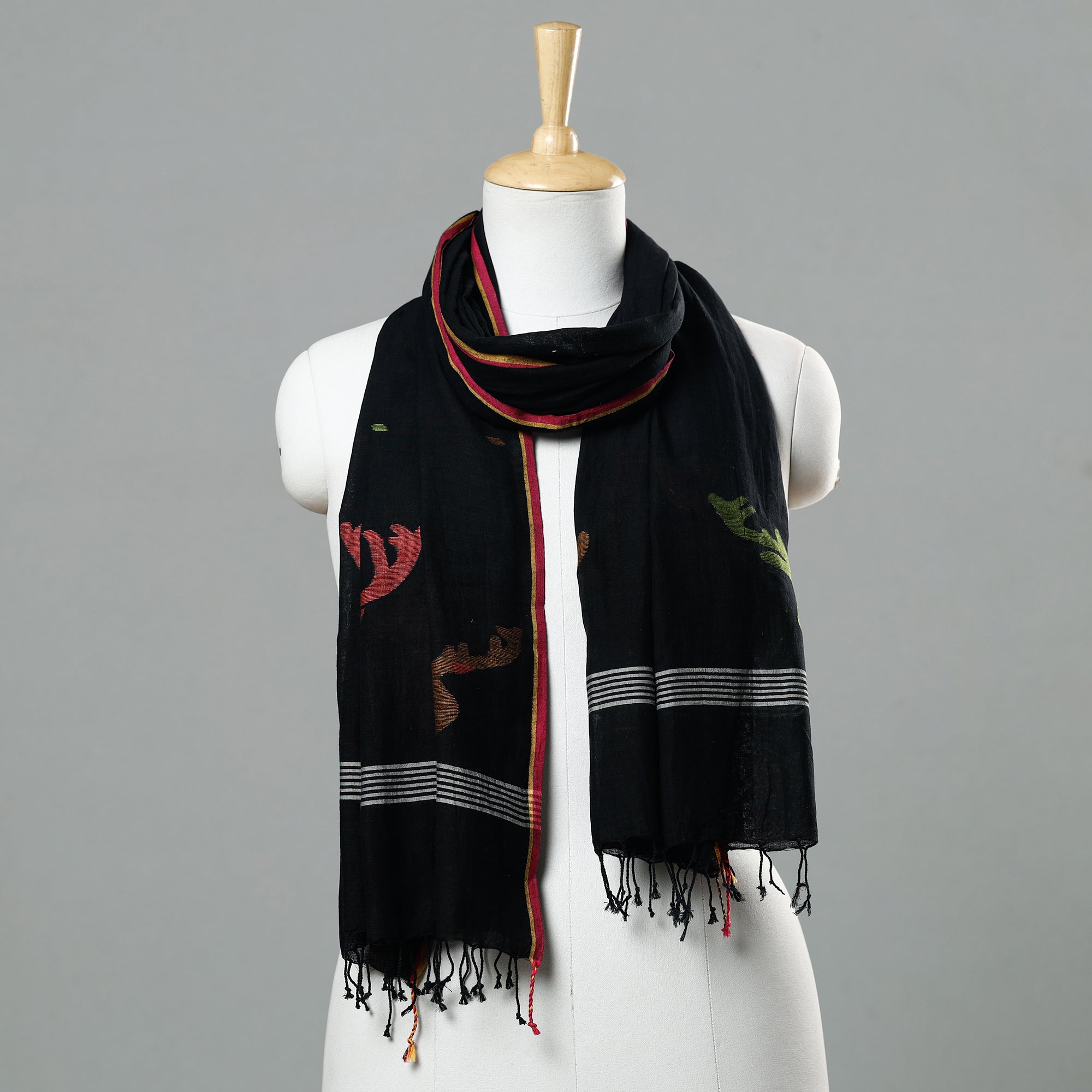 ALANKRITA Black - Jamdani Handloom Cotton Stole with Tassels