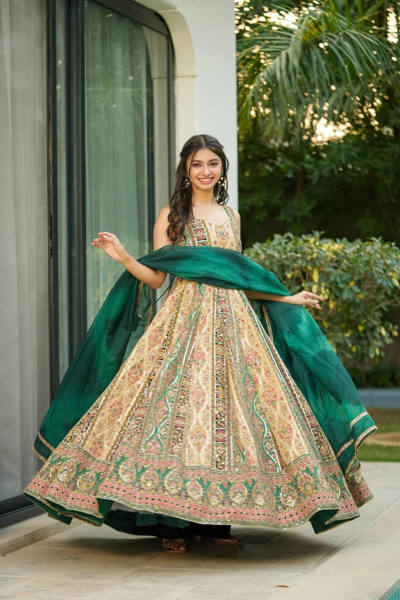 Idaho-o Triveni green heavy embroidered maxi