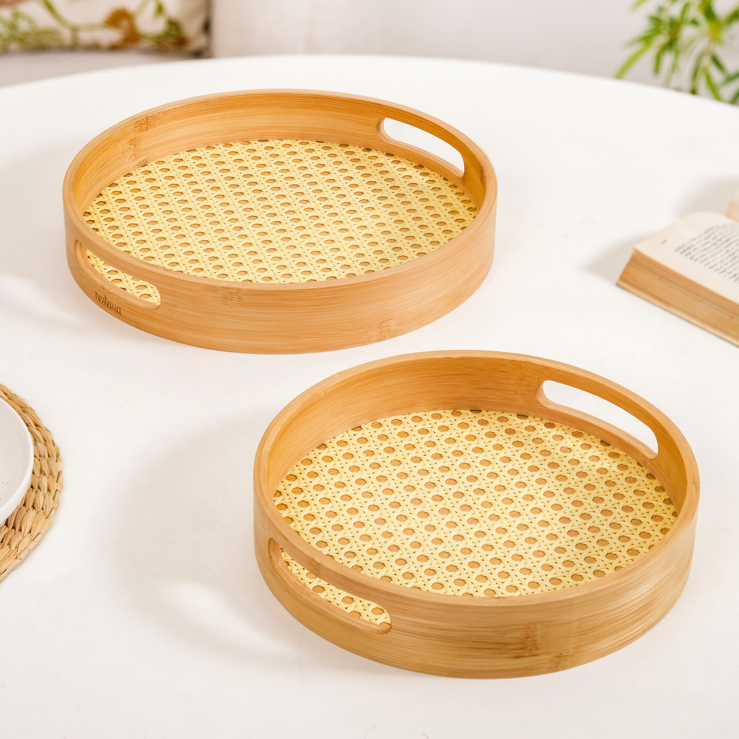 Nestasia Set Of 2 Rattan Weave Round Wooden Trays - view 9