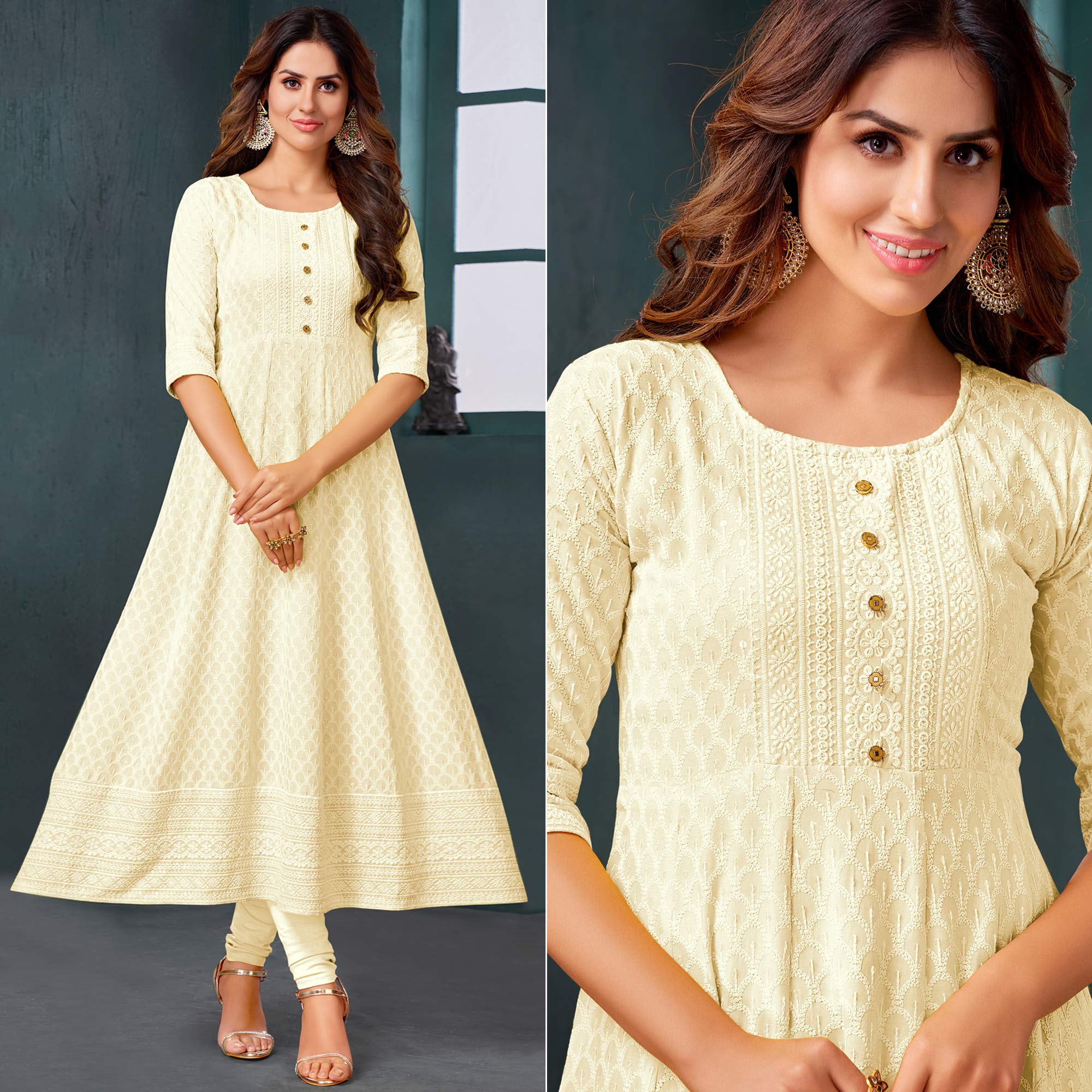 Peachmode Seller Cream Chikankari Work Aanarkali Style Rayon Kurti