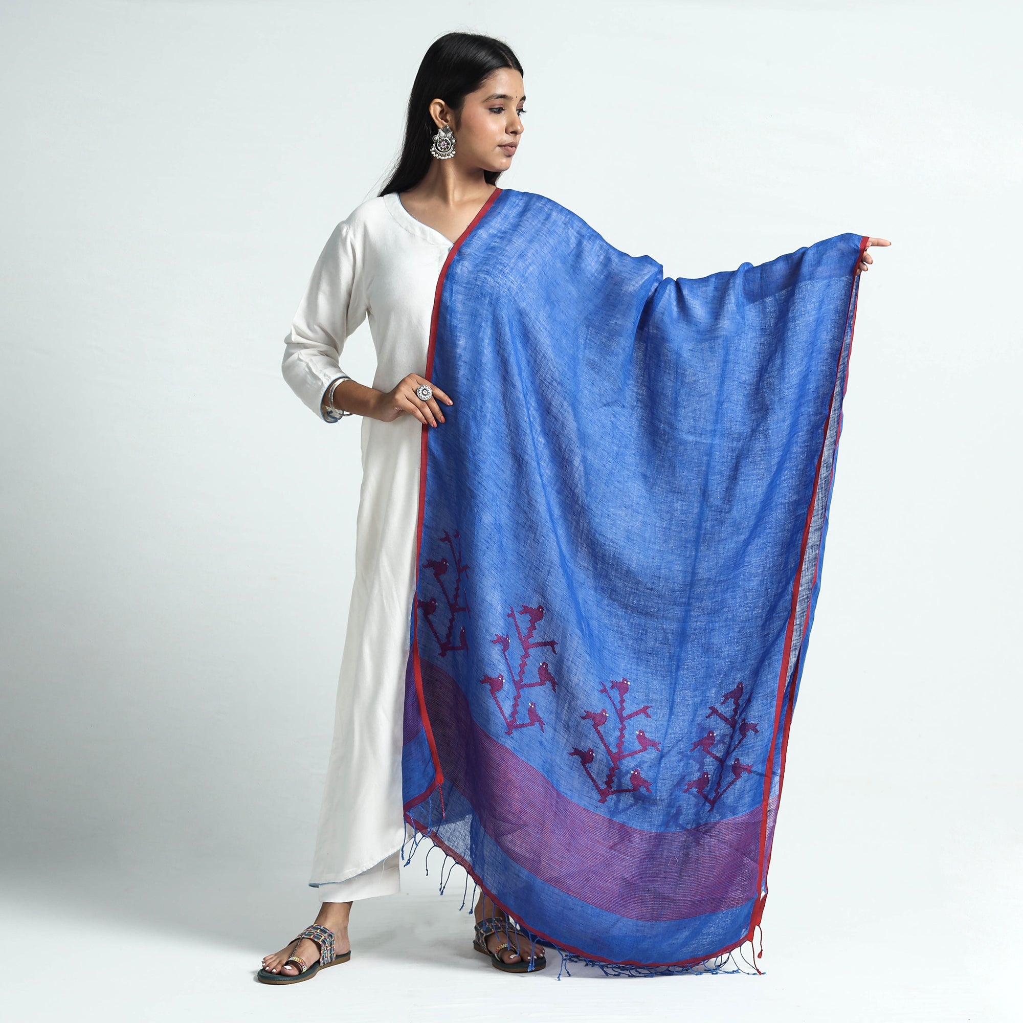 KHUSHBASH - HAPPY LOOM OF EAST Blue - Bengal Jamdani Handloom Silk Dupatta with Tassels