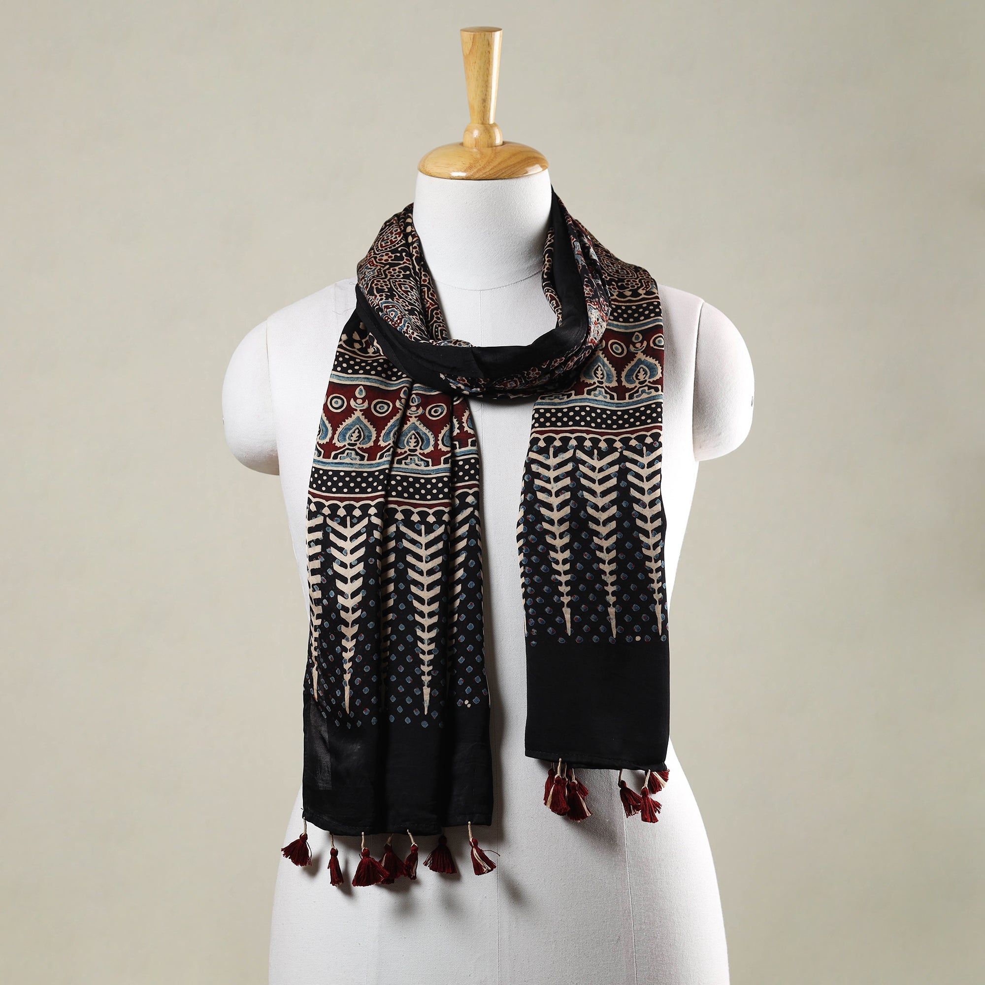 RIYAZ ABDULMAJID KHATRI - AJRAKH Black - Ajrakh Hand Block Printed Modal Silk Stole with Tassels