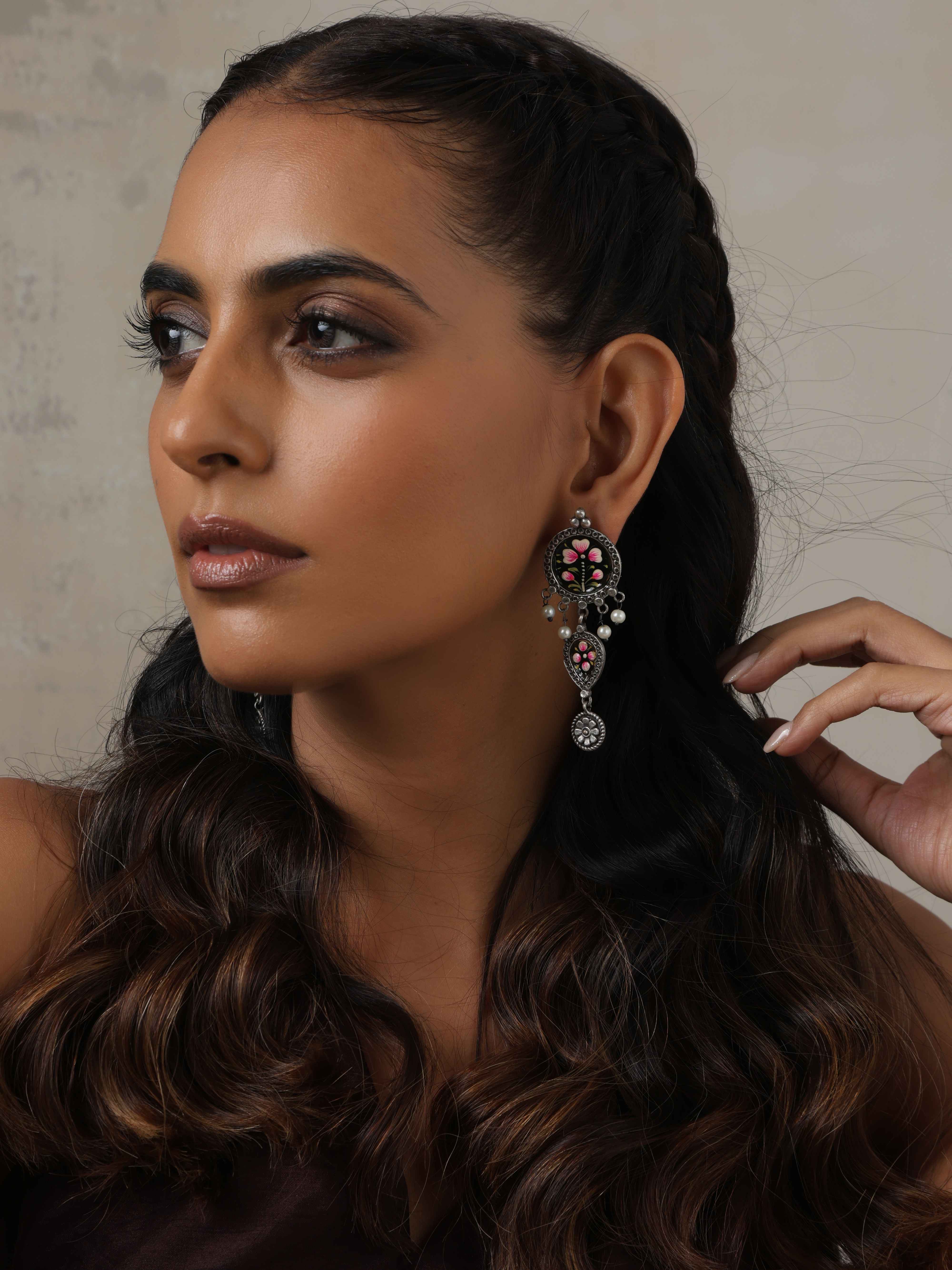 trueBrowns Silver Tone Handpainted Dangle Earrings - view 2