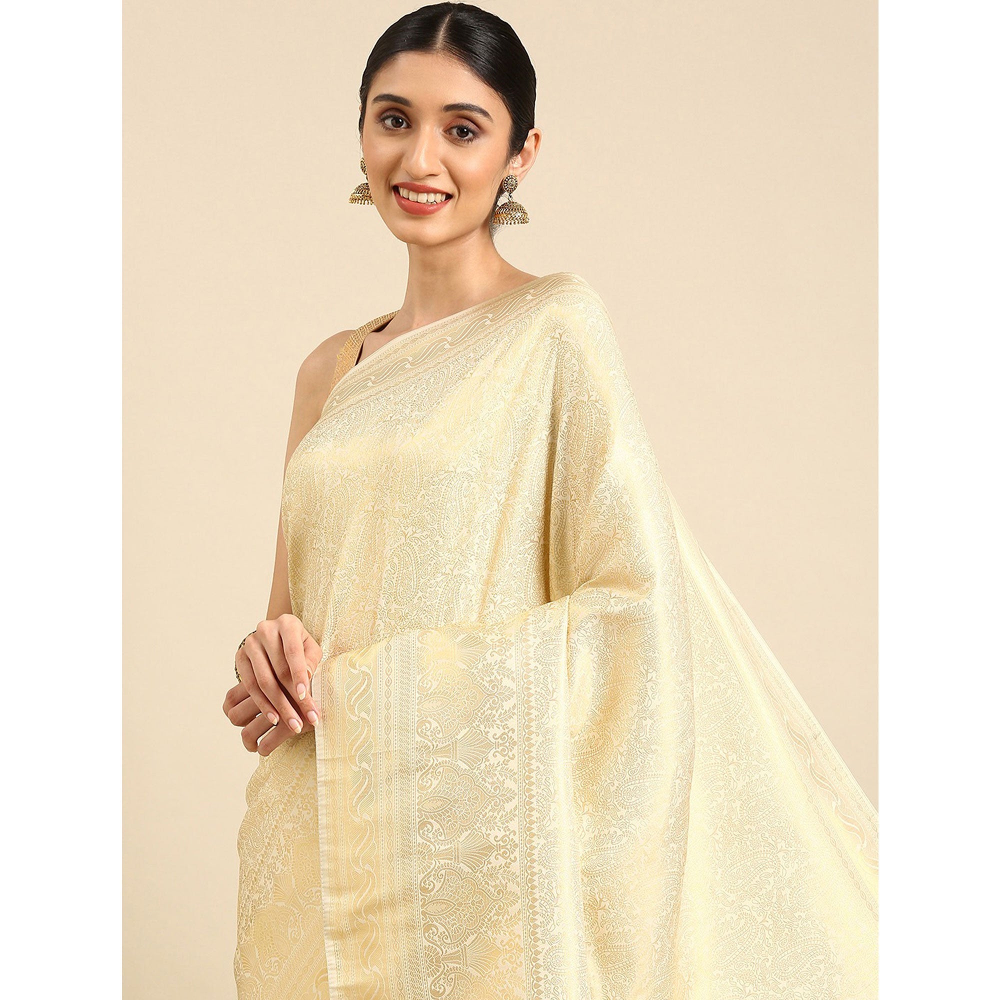 Peachmode Cream Woven Kanjivaram Silk Saree – Women's - view 5