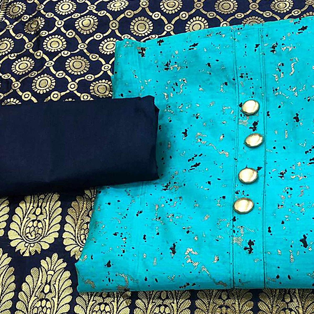Peachmode Classy Sky Blue Colored Casual Wear Printed Chanderi Dress Material With Banarasi Silk Dupatta - view 4
