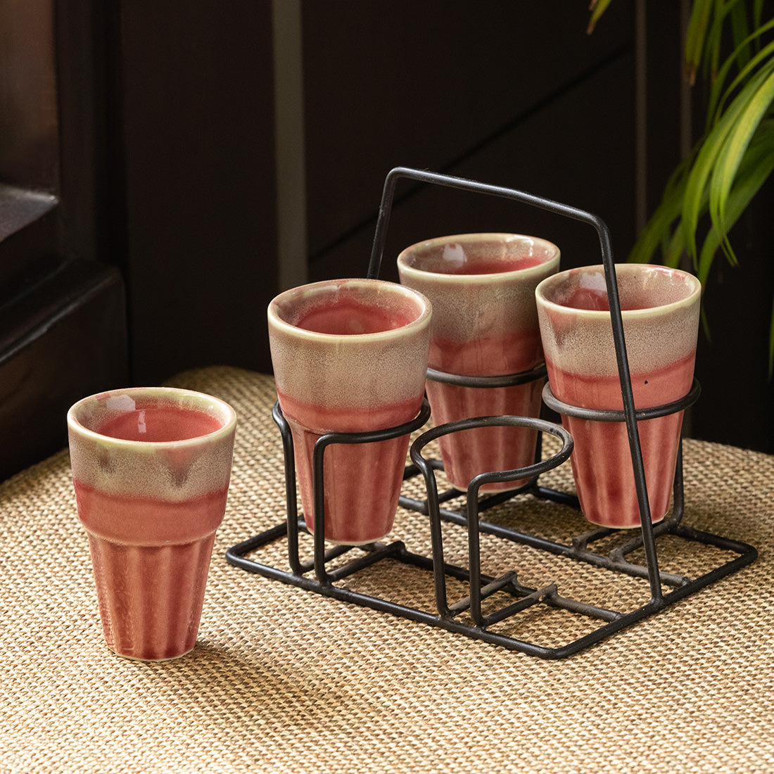 Iron holder set – EXCLUSIVELANE 'Peachy Mood' Tea Chai Glasses In Stoneware With Iron Holder (Set of 4)