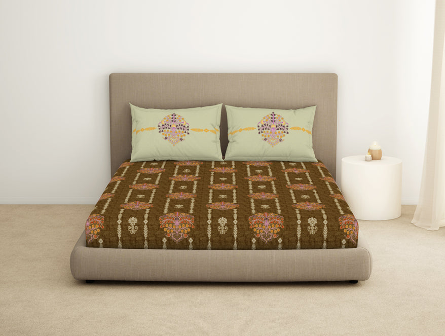 Spaces India Floral Kelp - Light Brown 100% Cotton King Fitted Sheet - Timeless By Spaces-1065802