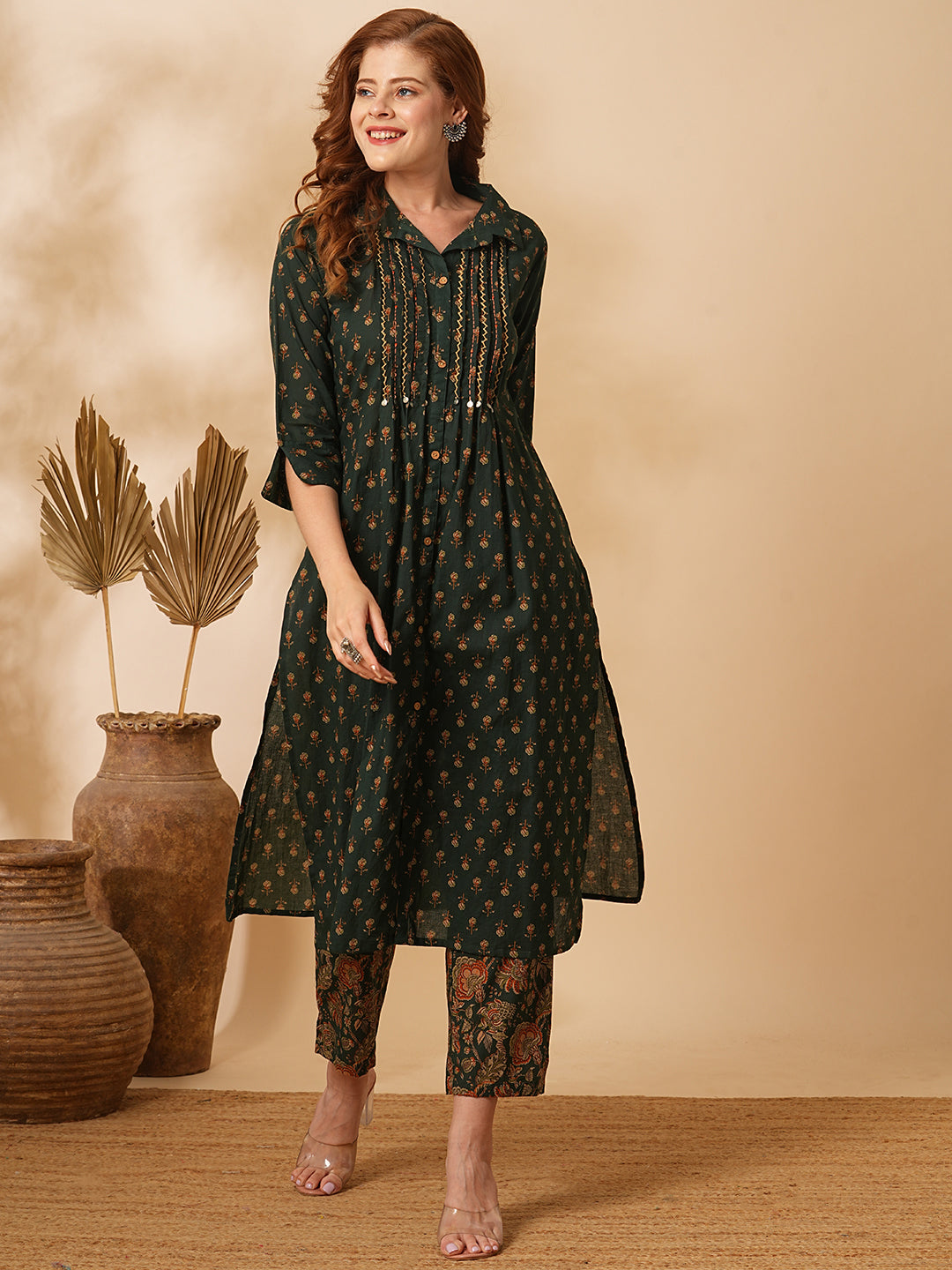 Fashor Floral Printed & Embroidered Straight Fit Kurta with Pant - Green - view 3