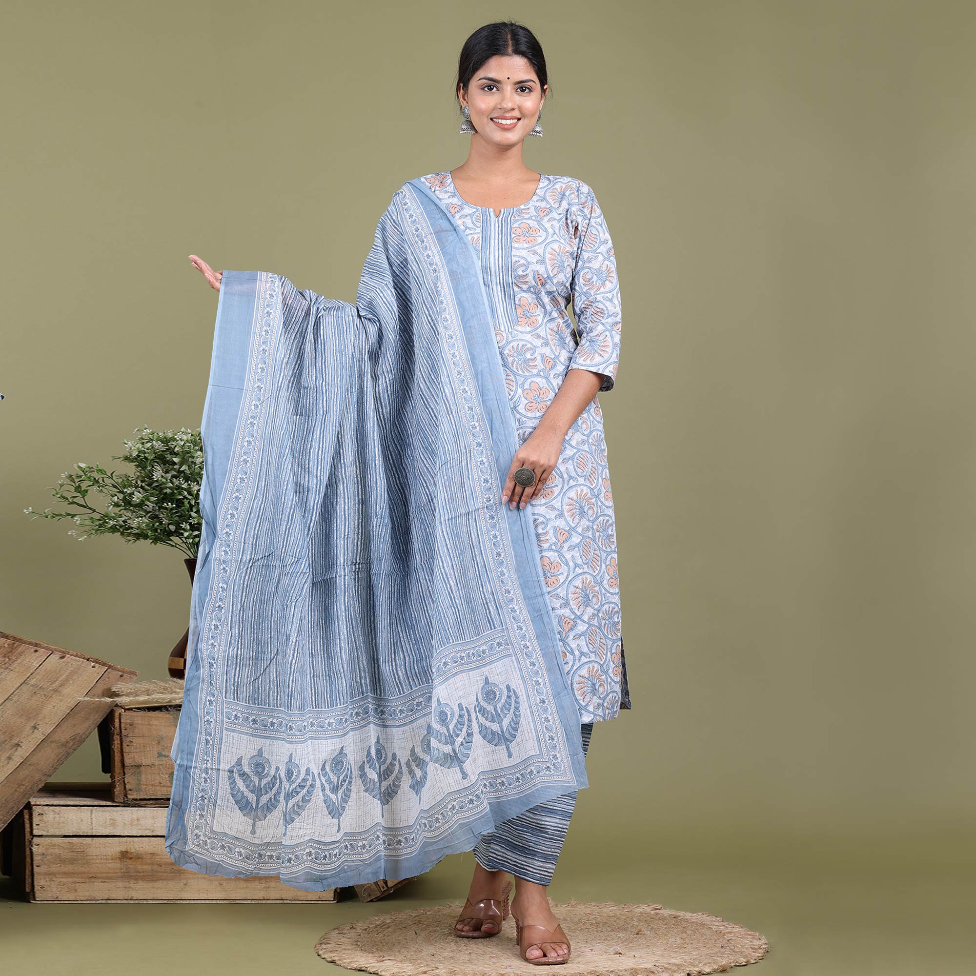 Peachmode Seller Light Blue Floral Printed Pure Cotton Suit - view 2
