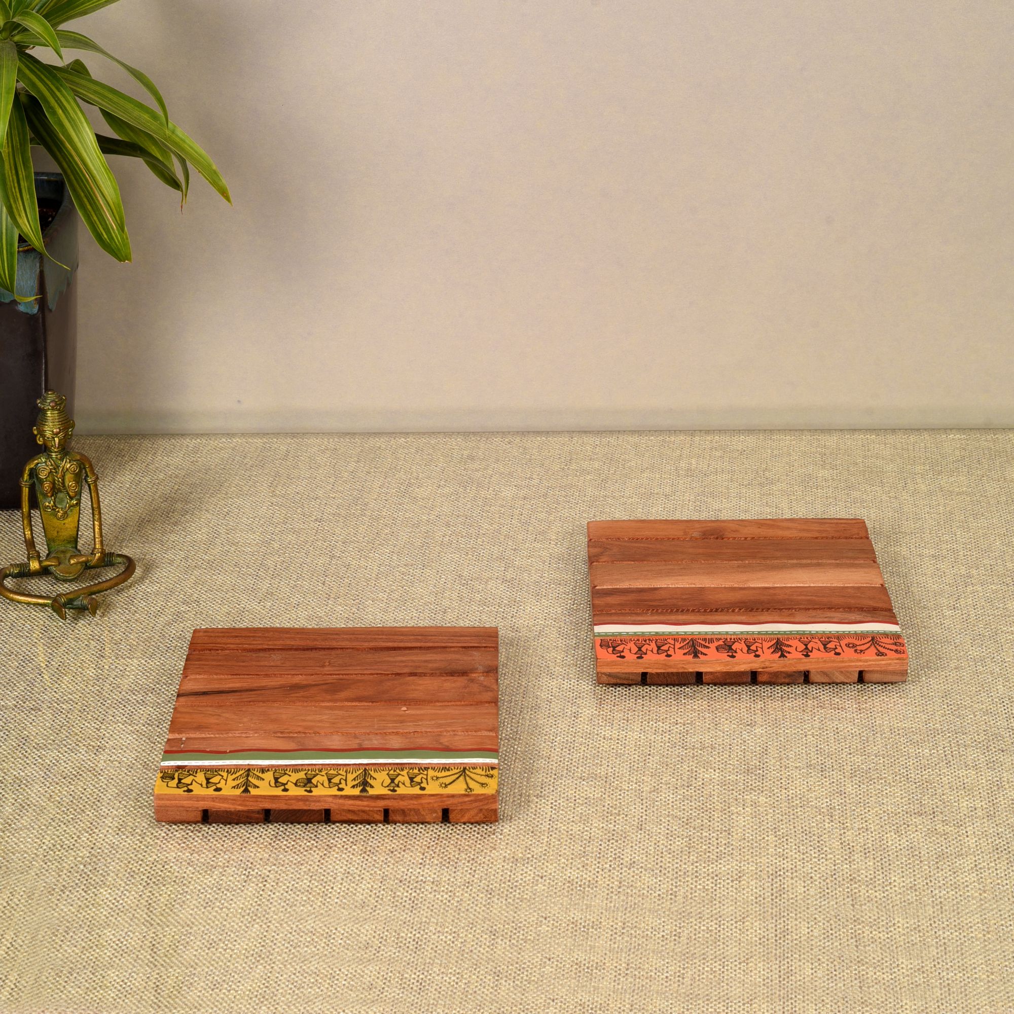 ART CREATIONS BY SUMAN SONTHALIA Brown - Rustic Square Wooden Trivets Set Of 2 (6x6x1.5) - view 2
