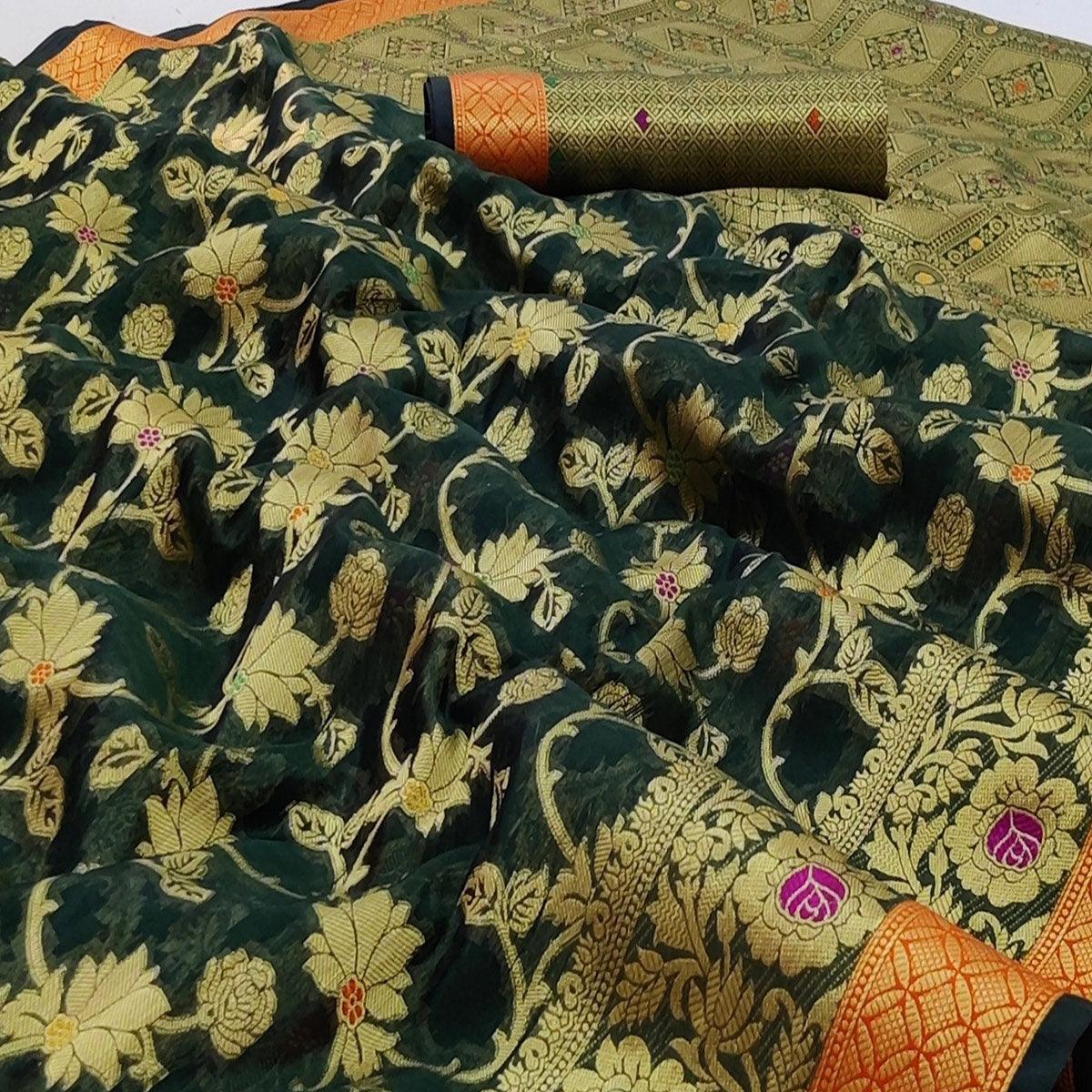 Peachmode Dark Green Festive Wear Floral Woven Organza Saree - view 2