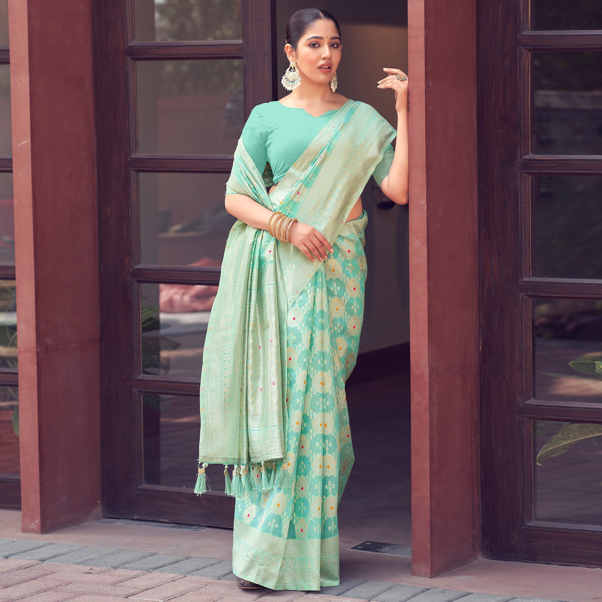 Peachmode Light Rama Green Woven Cotton Silk Saree With Tassels - view 2