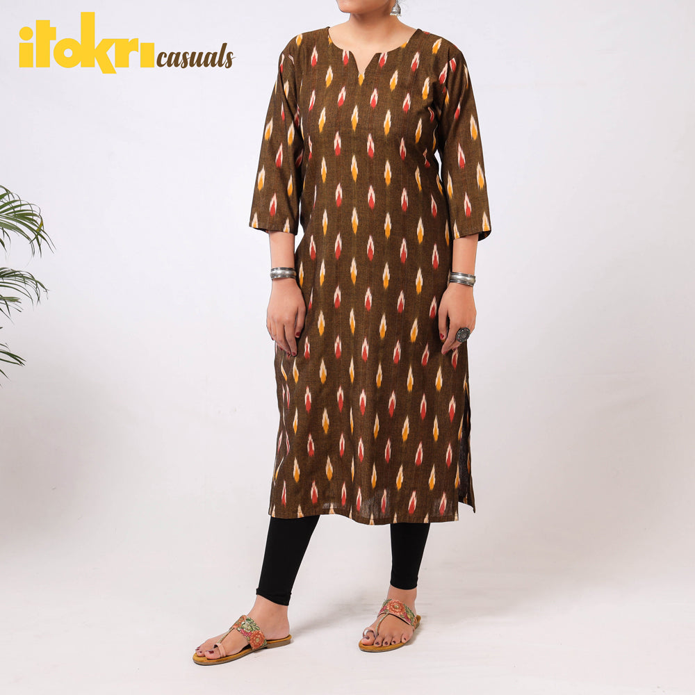 ITOKRI CASUALS Brown - Ikat Weave Cotton Long Kurta