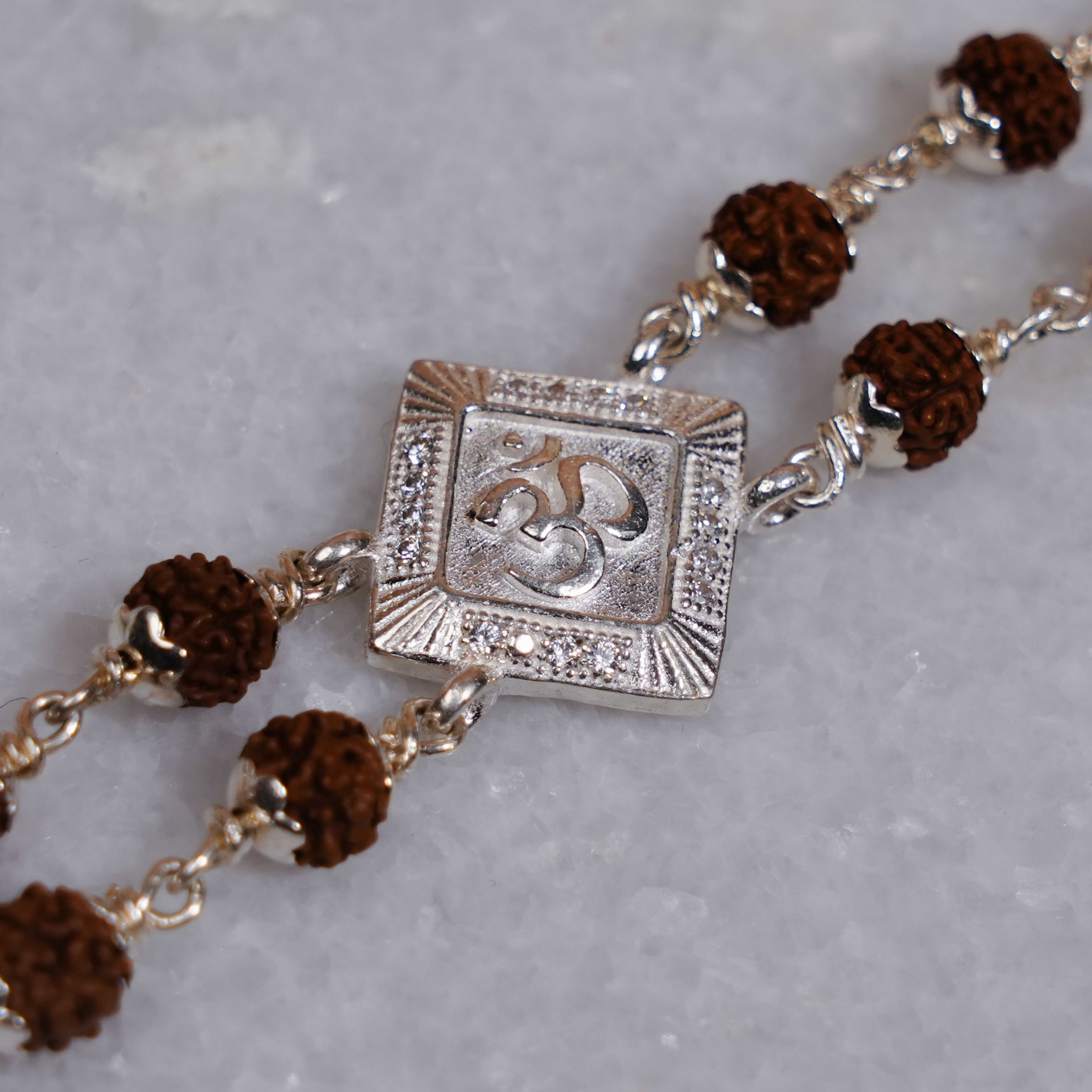Prinjal Jewellers Rudraksha Silver Om Rhombus Double Line Bracelet