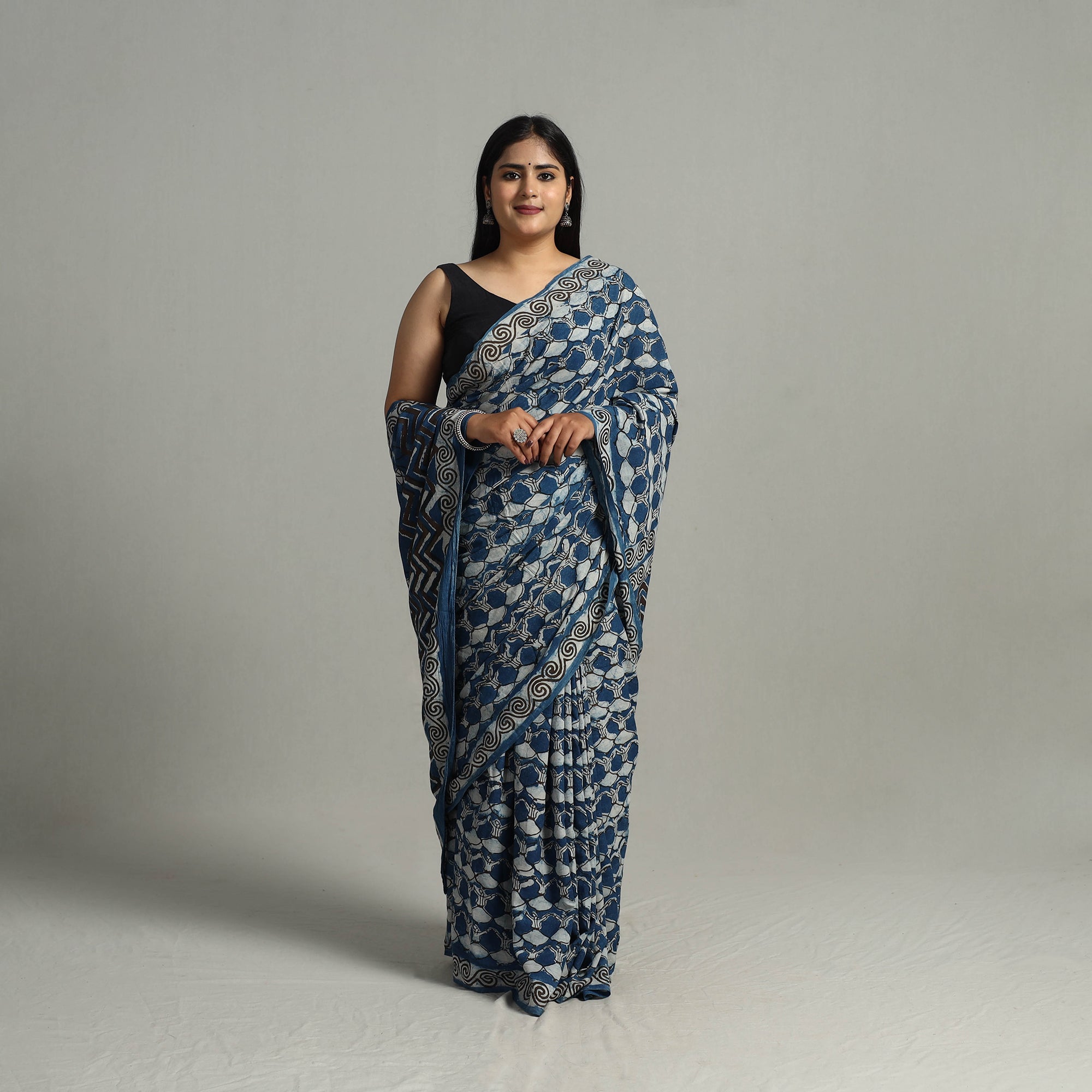 BINDAAS UNLIMITED Blue - Bindaas Natural Dyed Art Block Printed Pure Cotton Saree