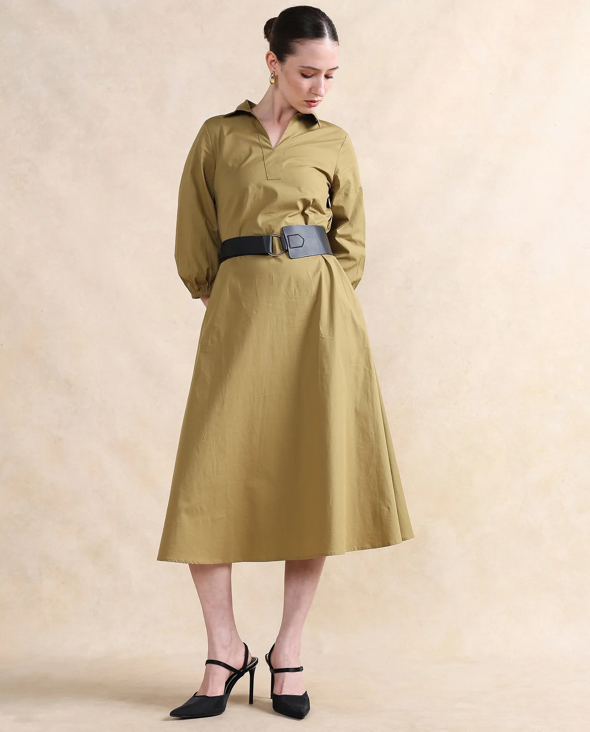 Rareism Women Desal Olive Cotton Blend Fabric Bishop Sleeve Collared Neck Flared Fit Midi Plain Dress