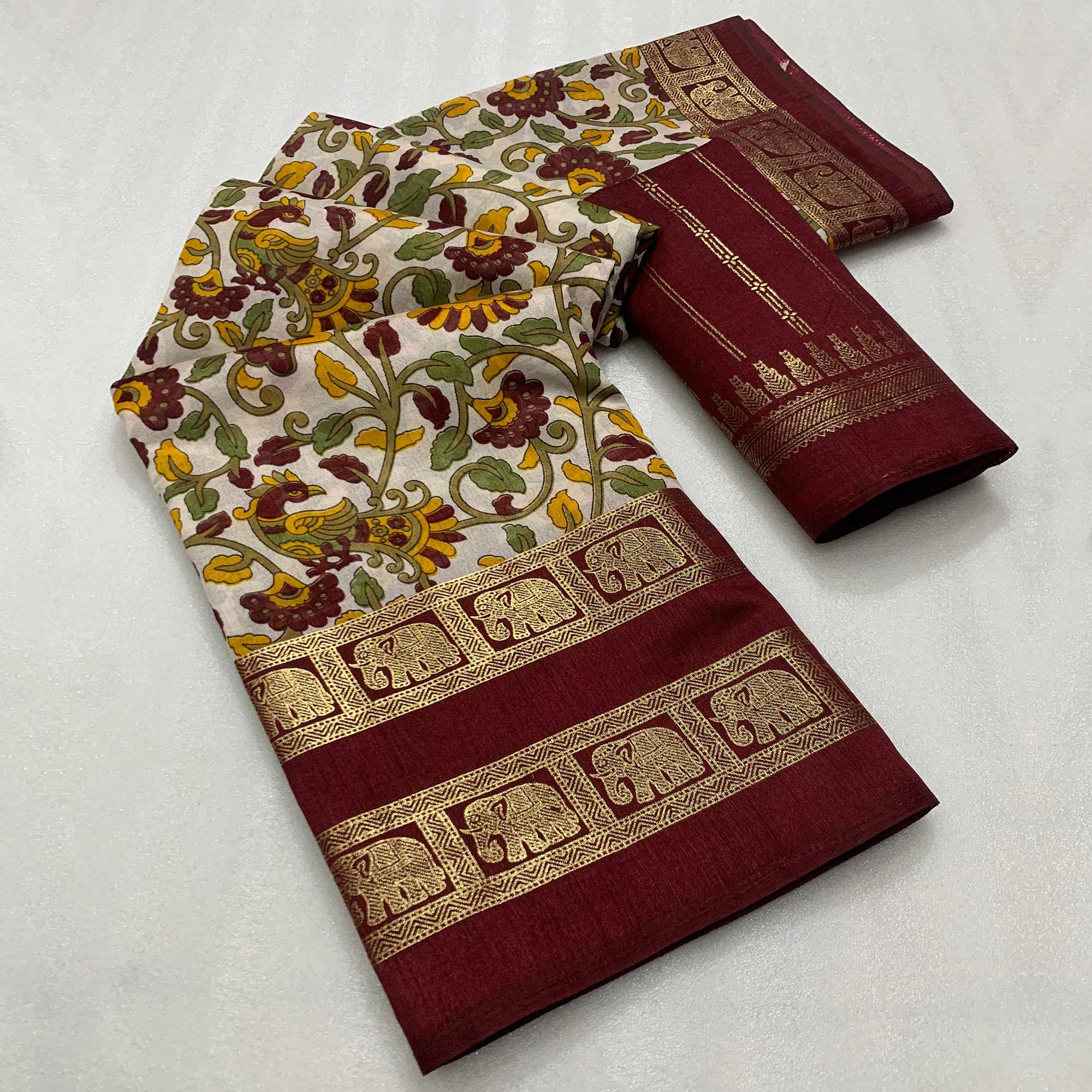Peachmode Maroon Kalamkari Printed Dola Silk Saree