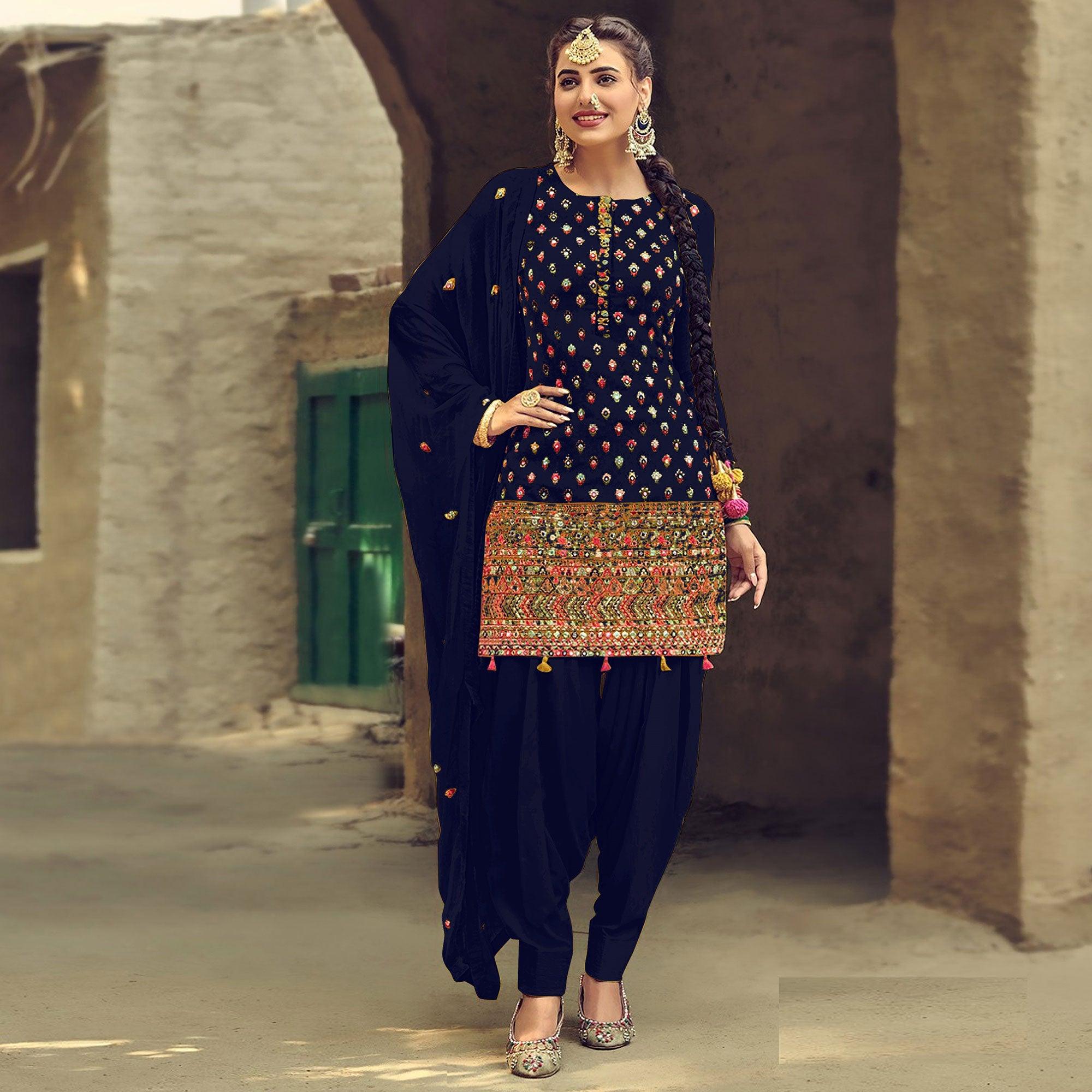 Peachmode Dark Blue Partywear Embroidered with Sequins Work Heavy Faux Georgette Patiala Suit