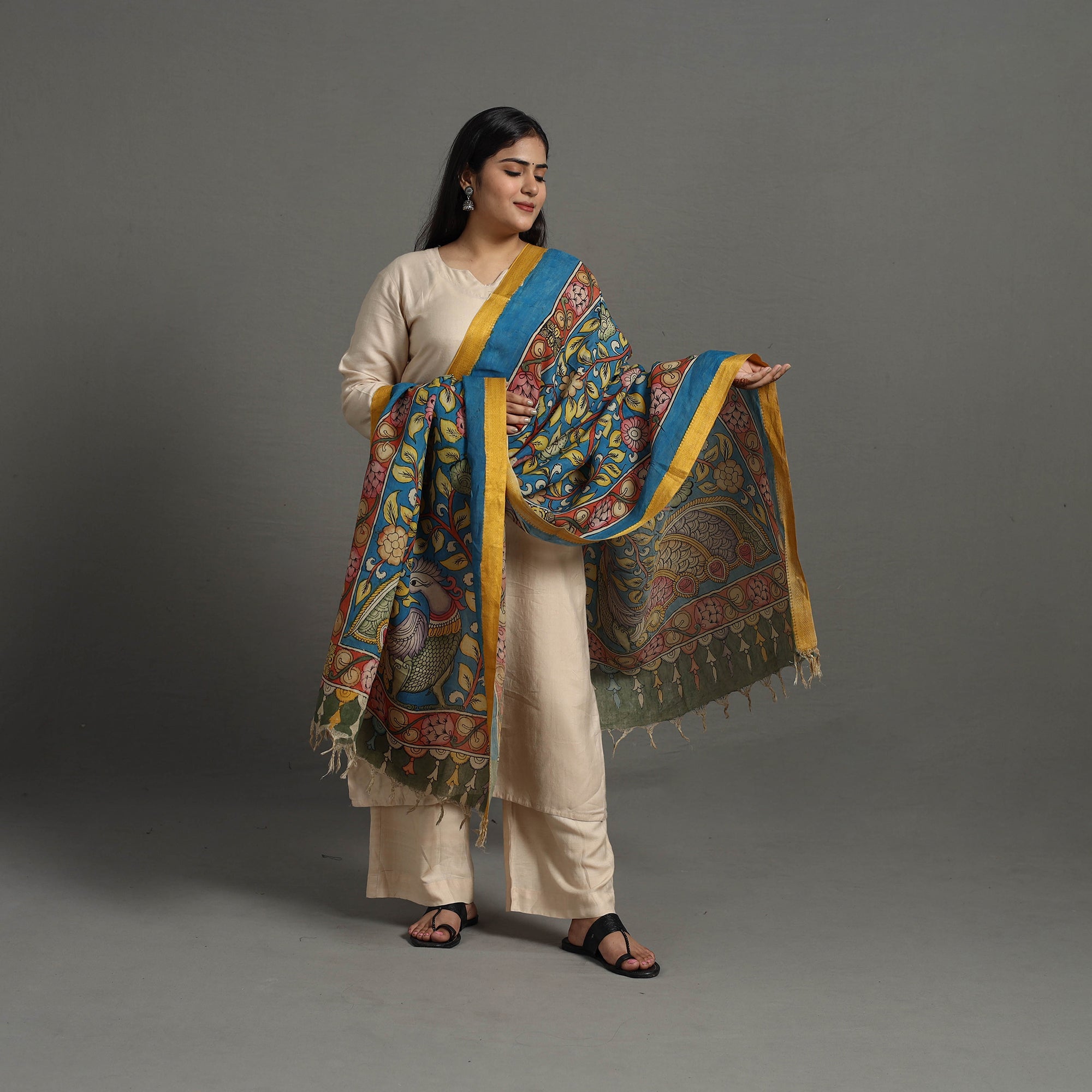 SOUTH KARGHA Blue - Chanderi Silk Srikalahasti Handpainted Pen Kalamkari Dupatta 02 - view 2