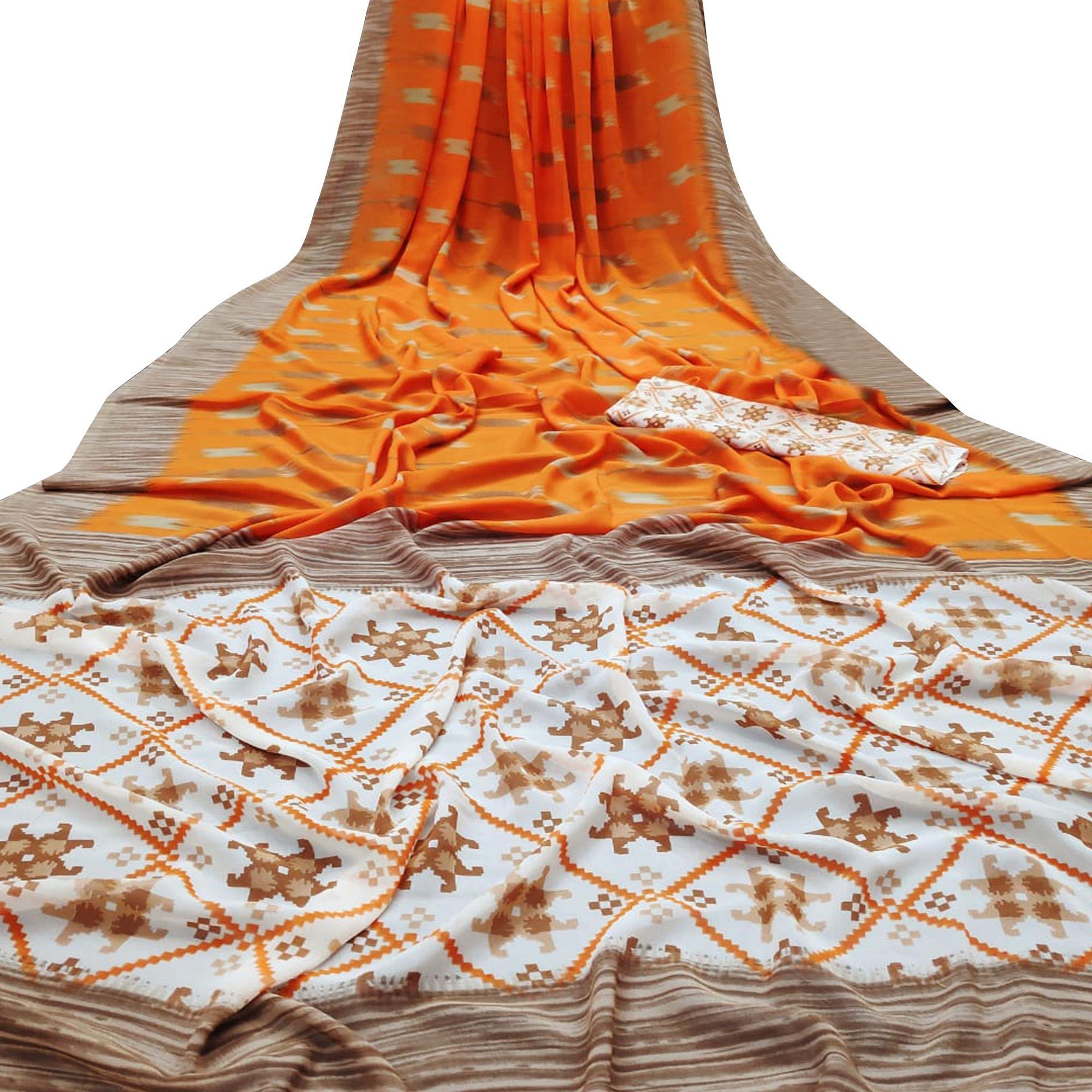 Peachmode Dazzling Orange Colored Casual Wear Mill Printed Georgette Saree