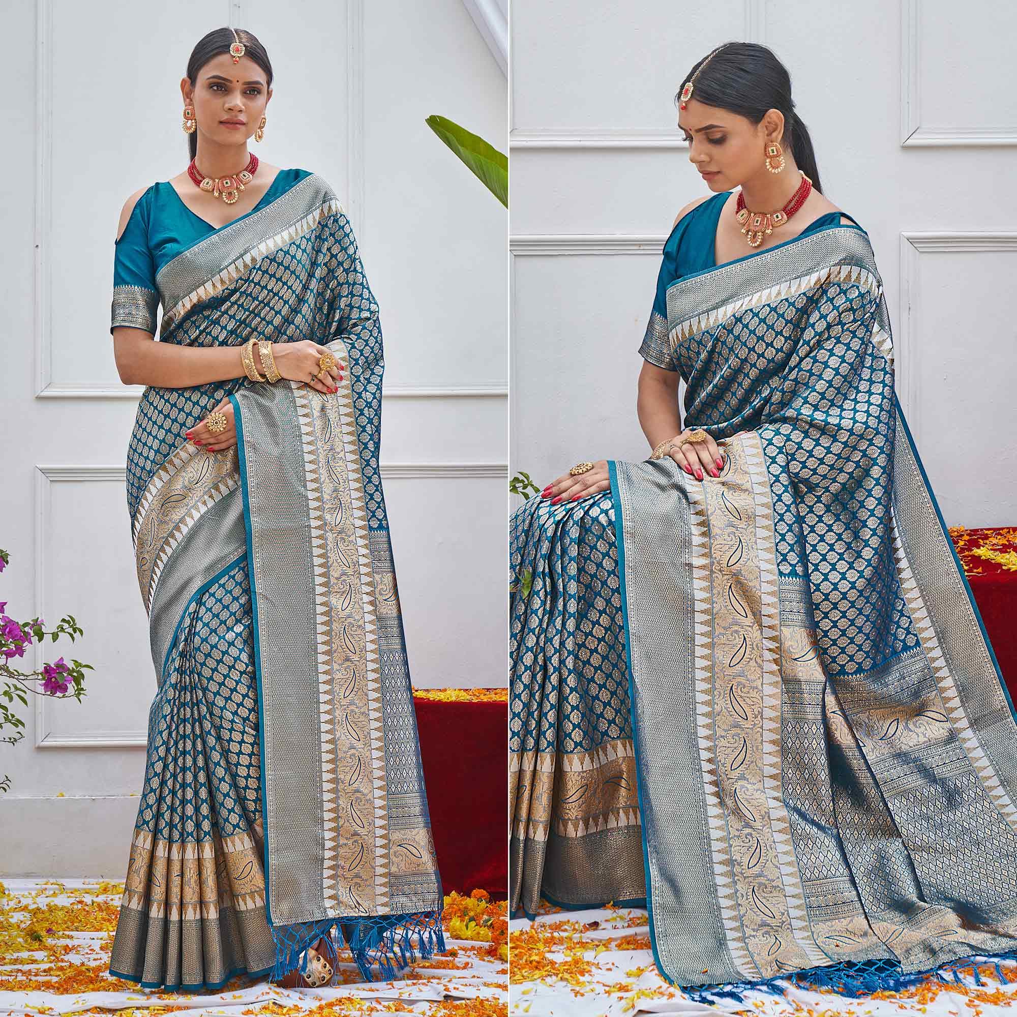 Peachmode Blue Woven Art Silk Saree – Women's