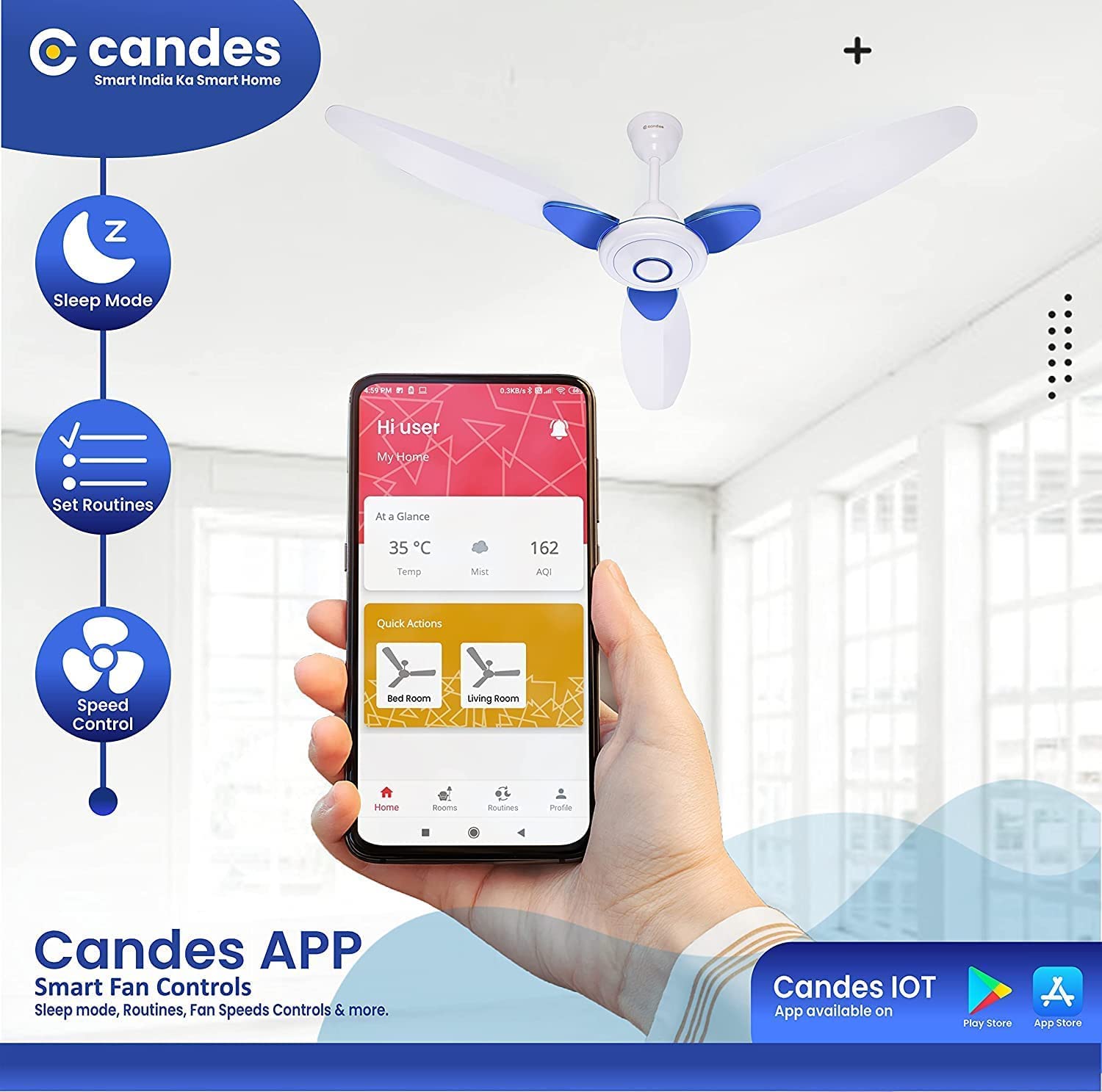 Candes IOT Florence 1200mm/48Inch High Speed Decorative 5 Star Rated Ceiling Fan 405 RPM With 2 Yrs Warranty (Smart IOT With Remote) (White Blue) - view 6