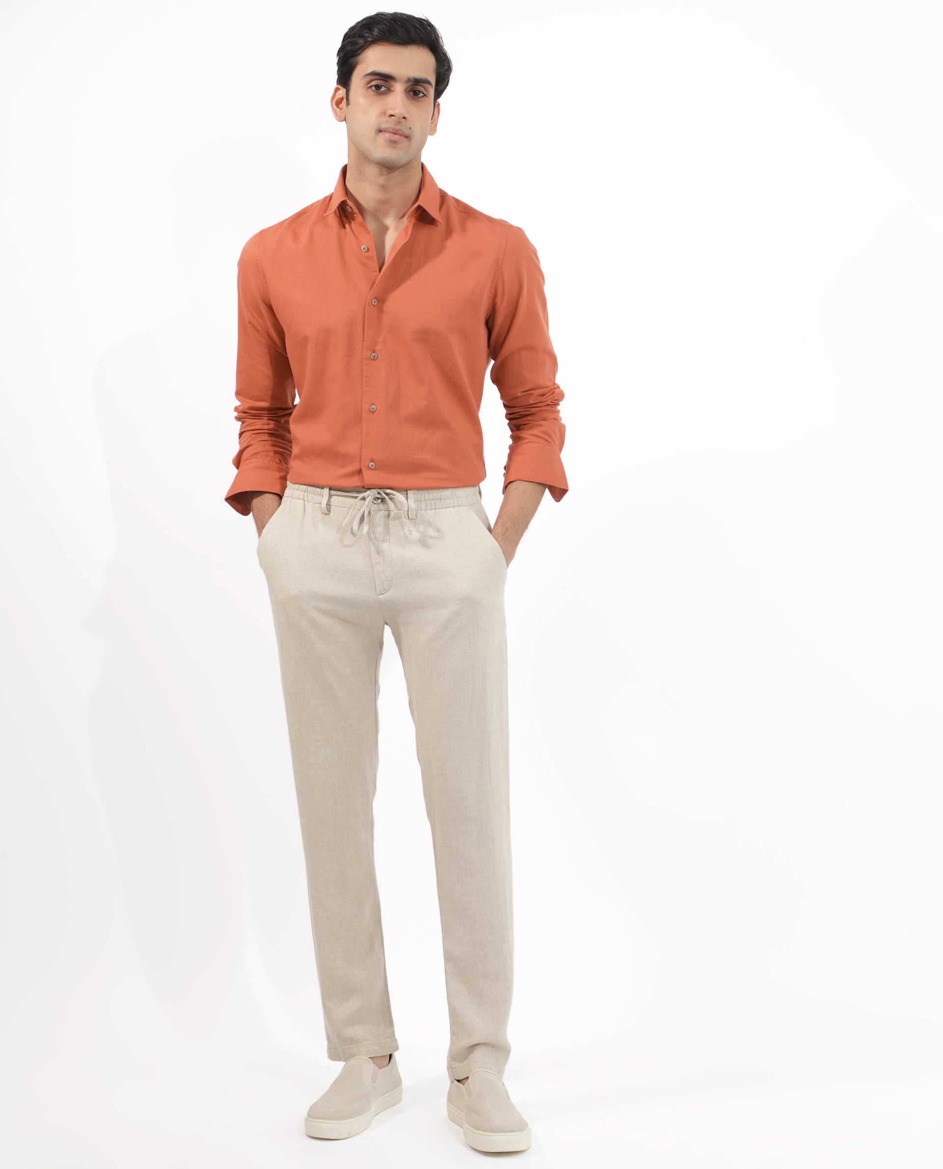 Rare Rabbit Men's Linux Orange Cotton Linen Fabric Full Sleeves Regular Fit Solid Shirt - view 2