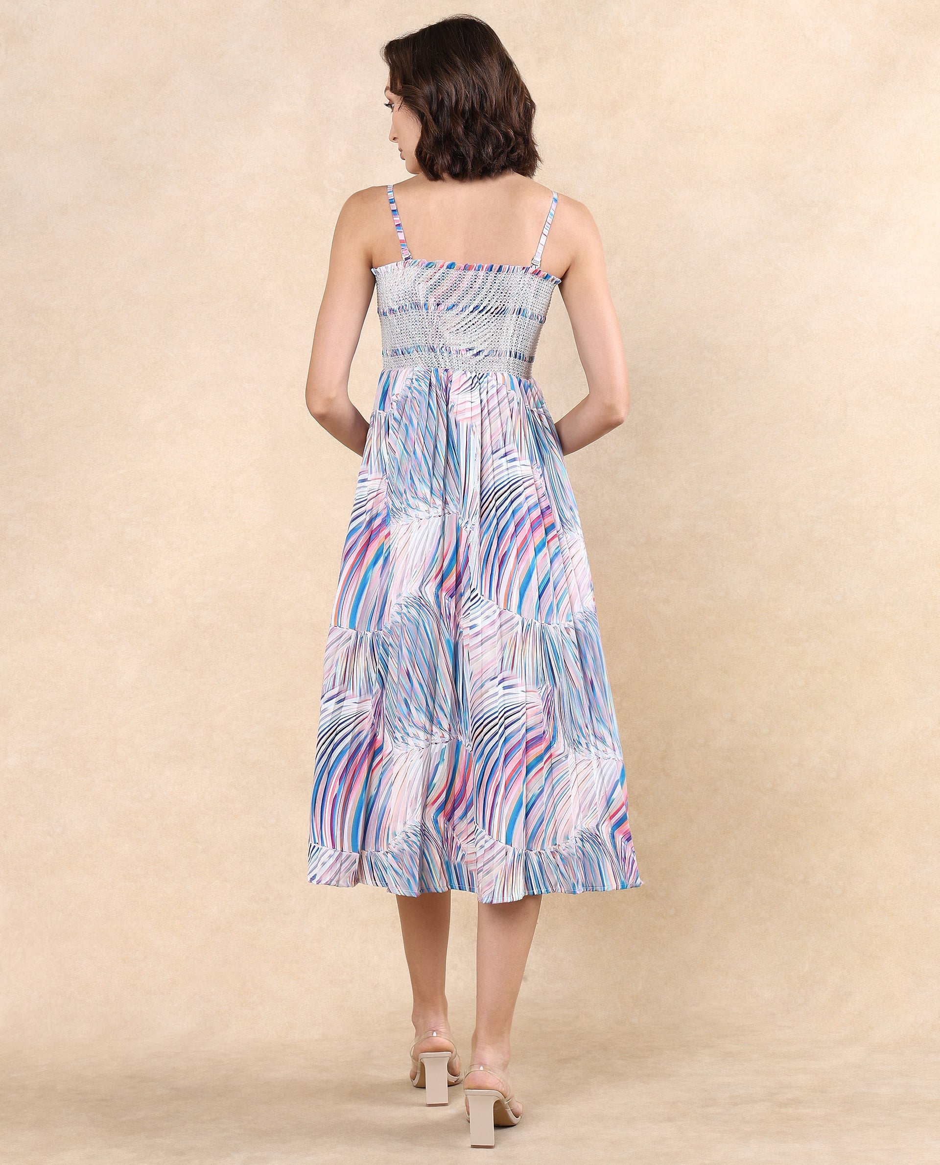 Rareism Women Shanks Multi Polyester Fabric Sleeveless Tube Neck Fit And Flare Midi Abstract Print Dress - view 7