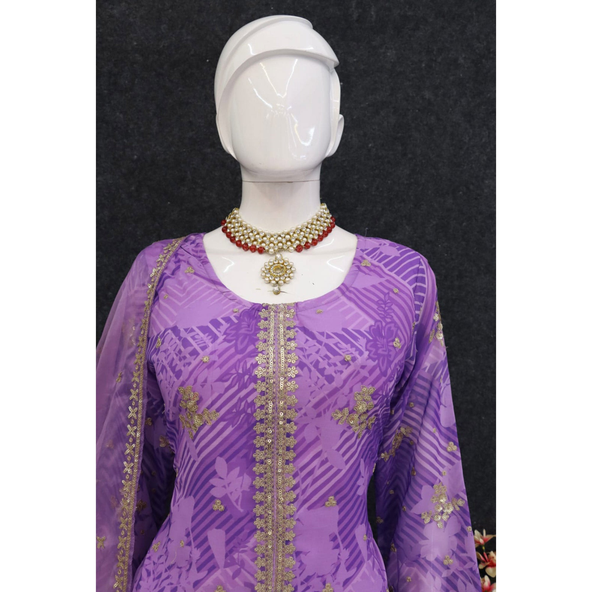 Peachmode Purple Sequins Embroidered Georgette Sharara Suit - view 4